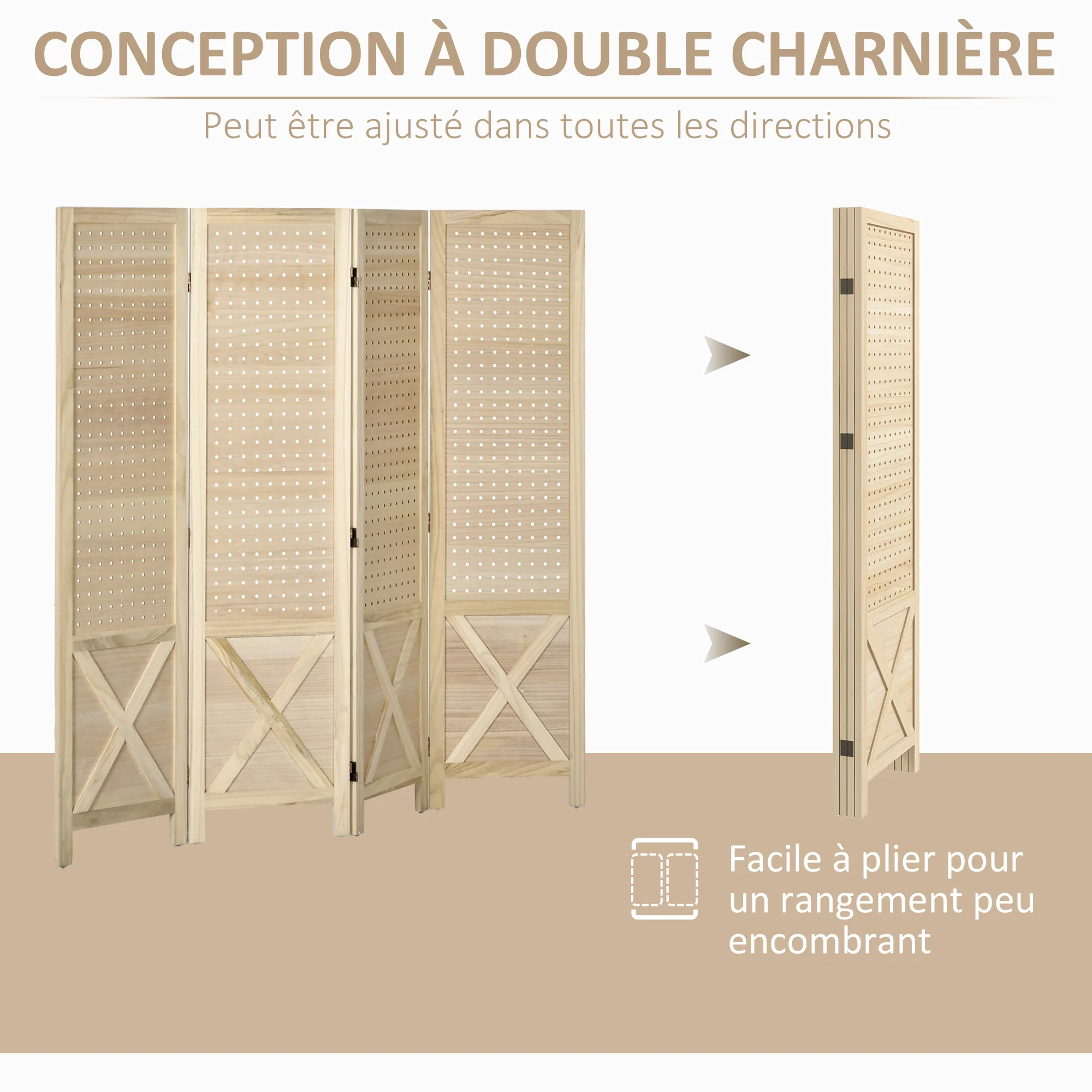 Paravent intérieur en bois, 4 panneaux, 152 x 144,5 cm, panneau perforé, séparateur de pièce pliable, Panneau perforé pour salon, chambre à coucher, maison, bois naturel - Image 7