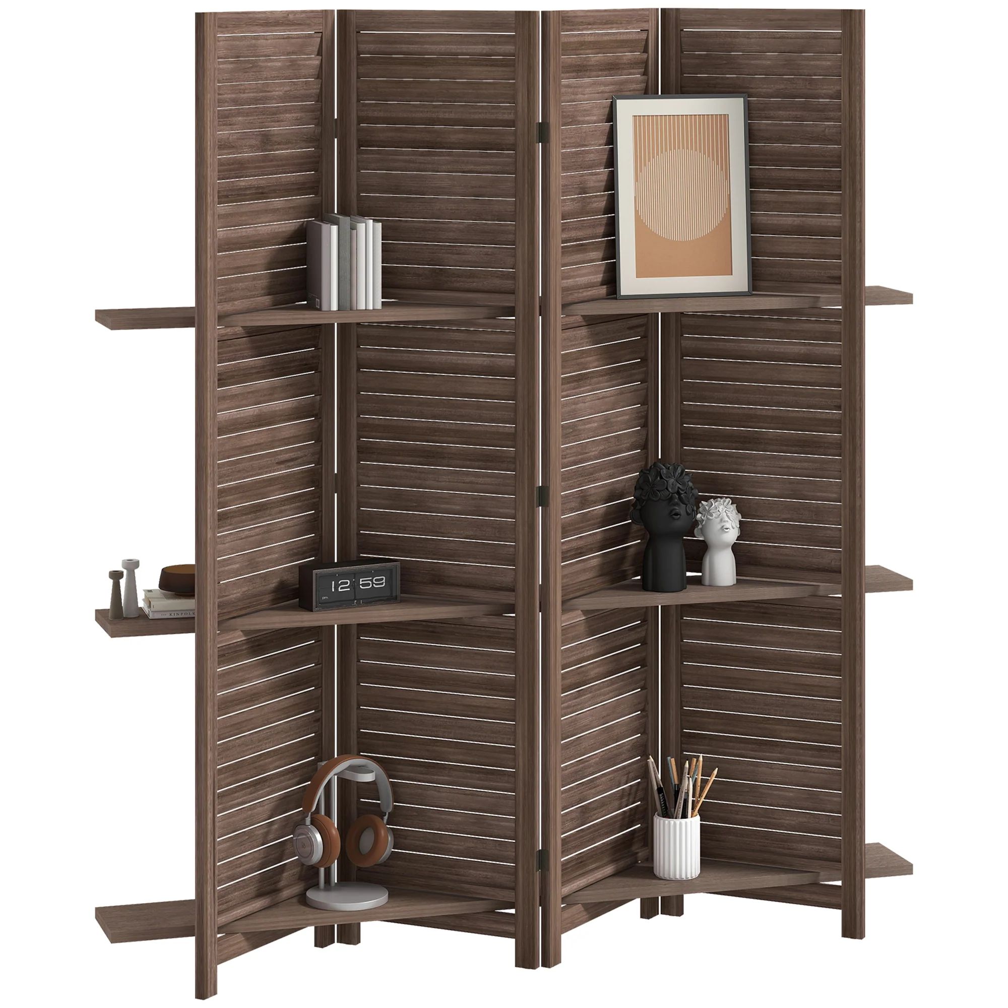 Paravent intérieur en bois 4 panneaux 160 x 170 cm, séparateur de pièce pliable avec 3 étagères, cloison de séparation pour salon, chambre à coucher, maison, noyer - Image 11