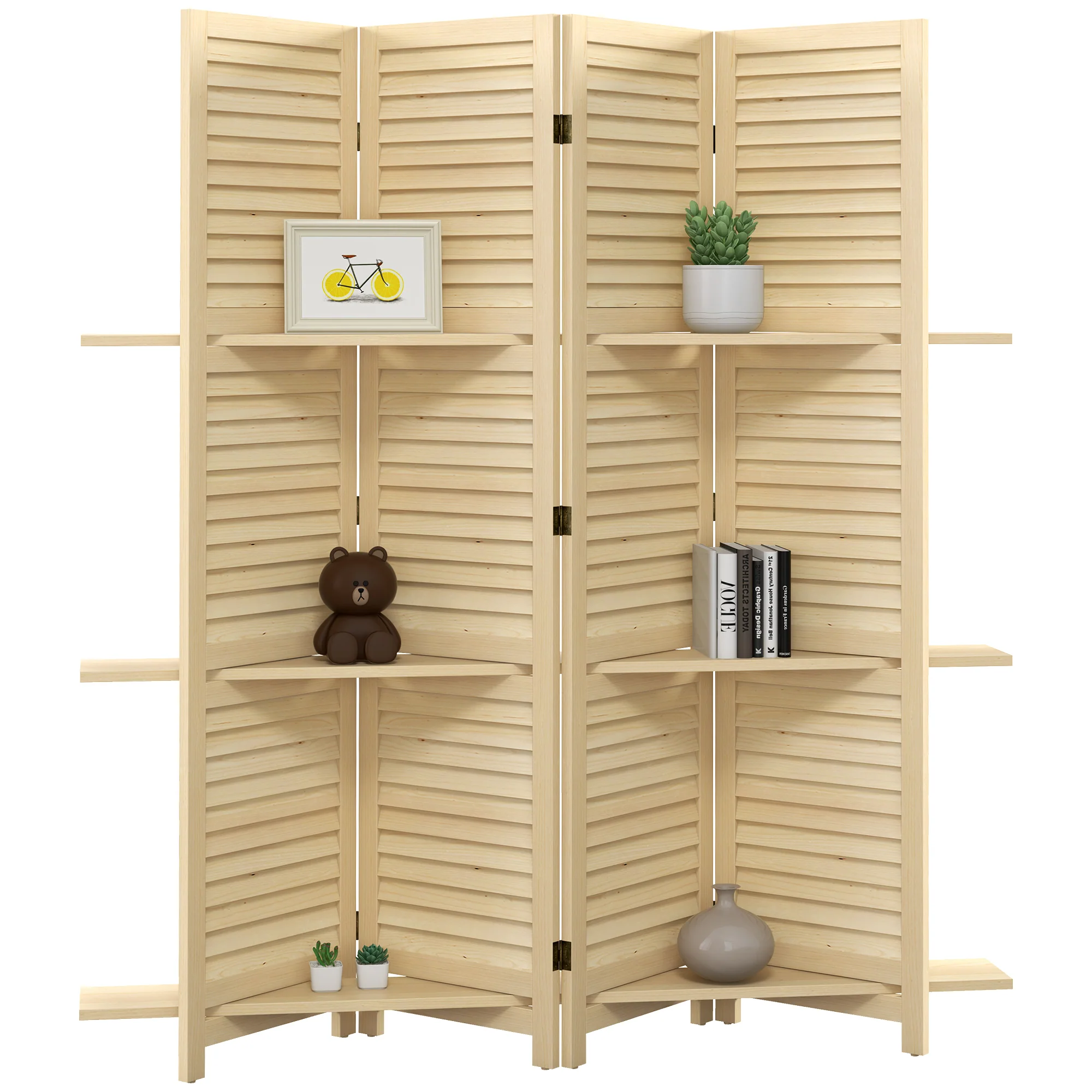 Paravent intérieur en bois 4 panneaux 160 x 170 cm, séparateur de pièce pliable avec 3 étagères, cloison de séparation pour salon, chambre à coucher, maison, naturel