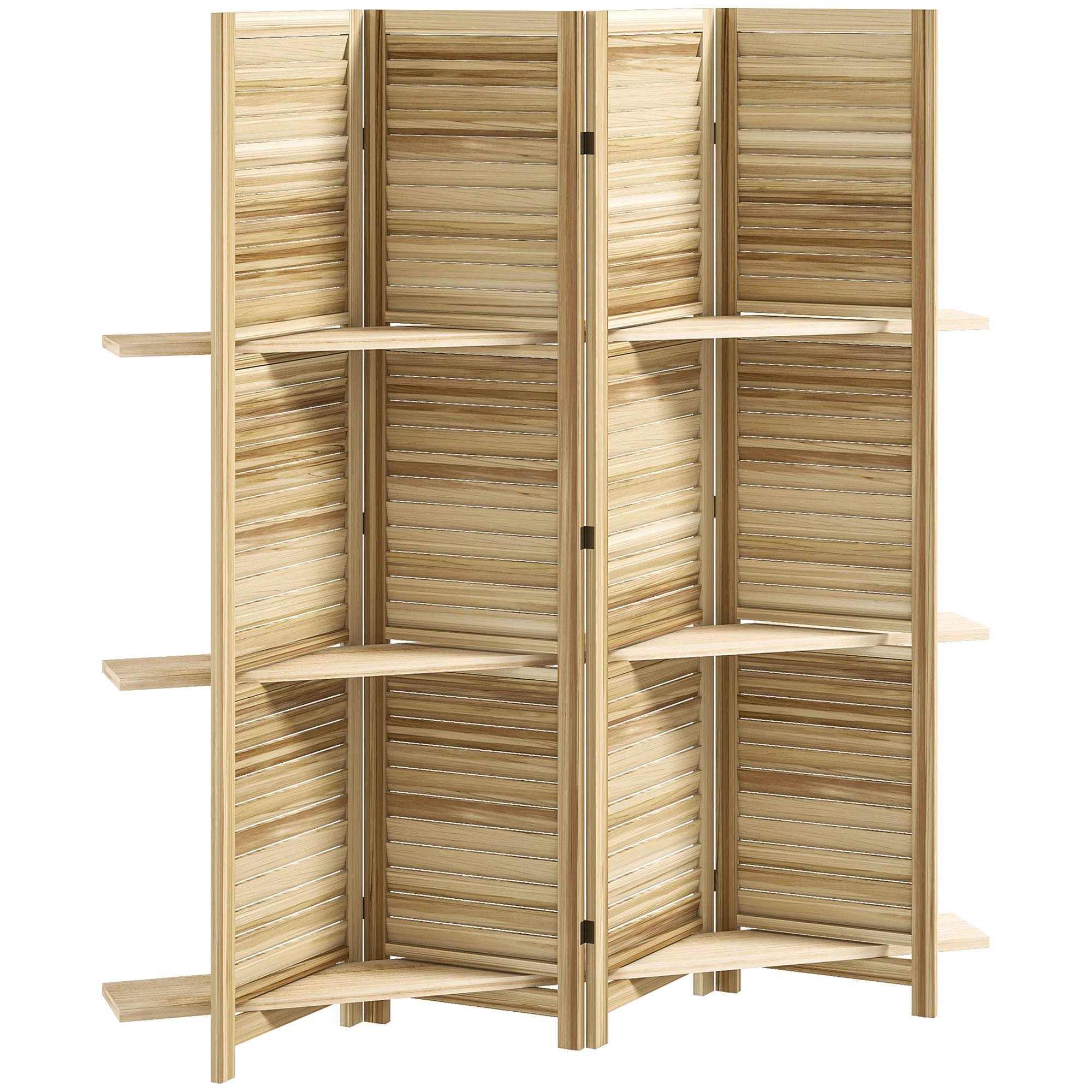 Paravent intérieur en bois 4 panneaux 160 x 170 cm, séparateur de pièce pliable avec 3 étagères, cloison de séparation pour salon, chambre à coucher, maison, bois naturel - Image 2