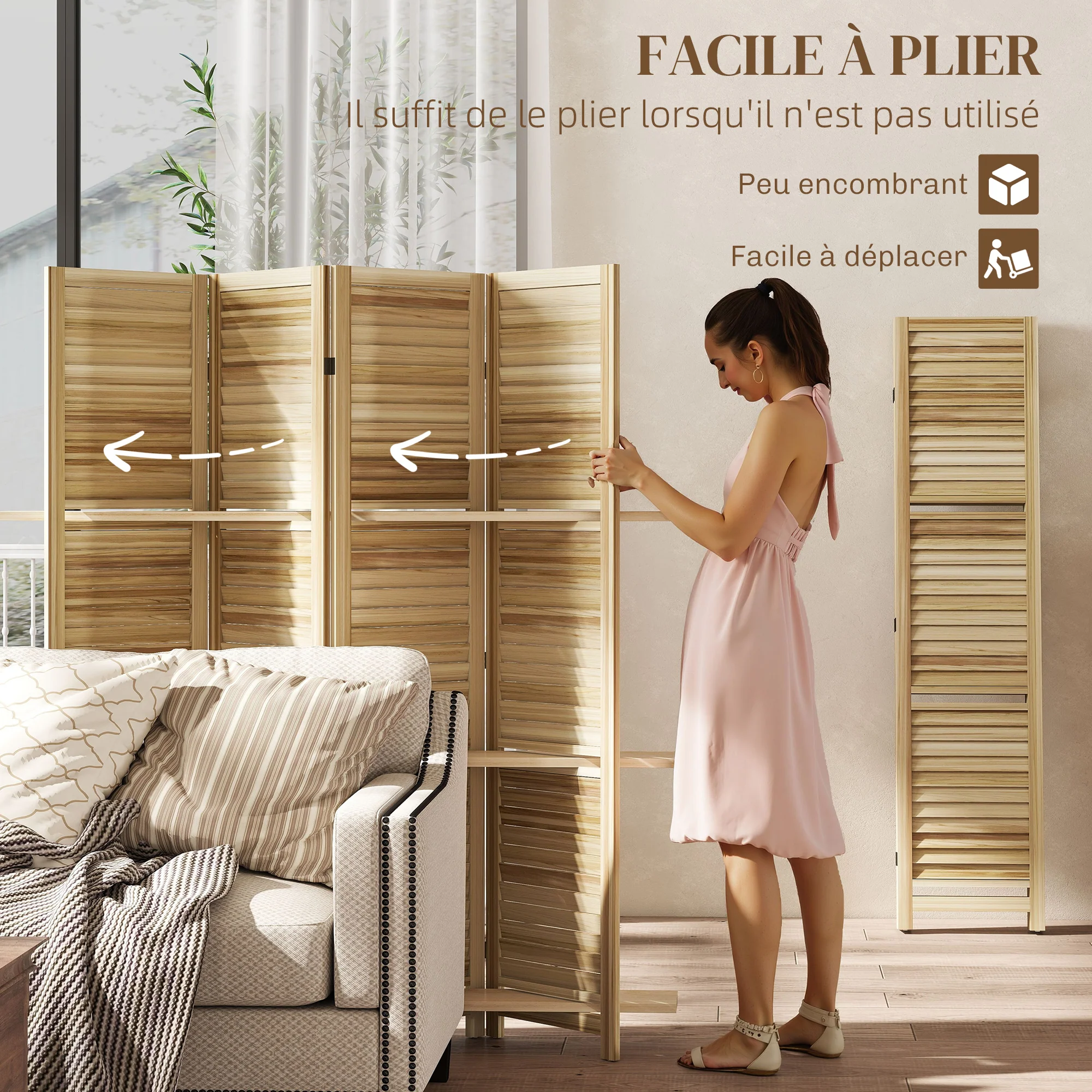 Paravent intérieur en bois 4 panneaux 160 x 170 cm, séparateur de pièce pliable avec 3 étagères, cloison de séparation pour salon, chambre à coucher, maison, bois naturel - Image 6