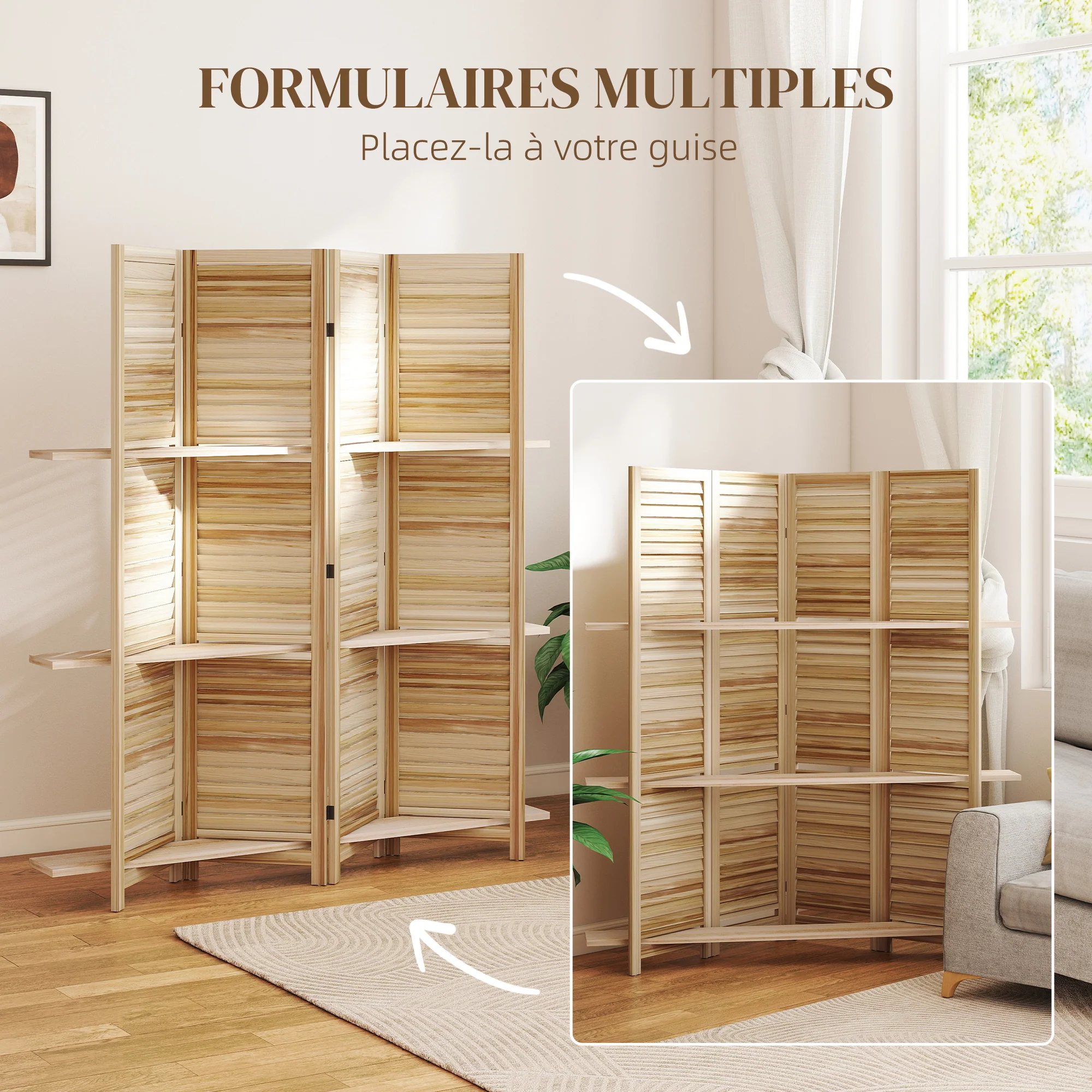 Paravent intérieur en bois 4 panneaux 160 x 170 cm, séparateur de pièce pliable avec 3 étagères, cloison de séparation pour salon, chambre à coucher, maison, bois naturel - Image 8