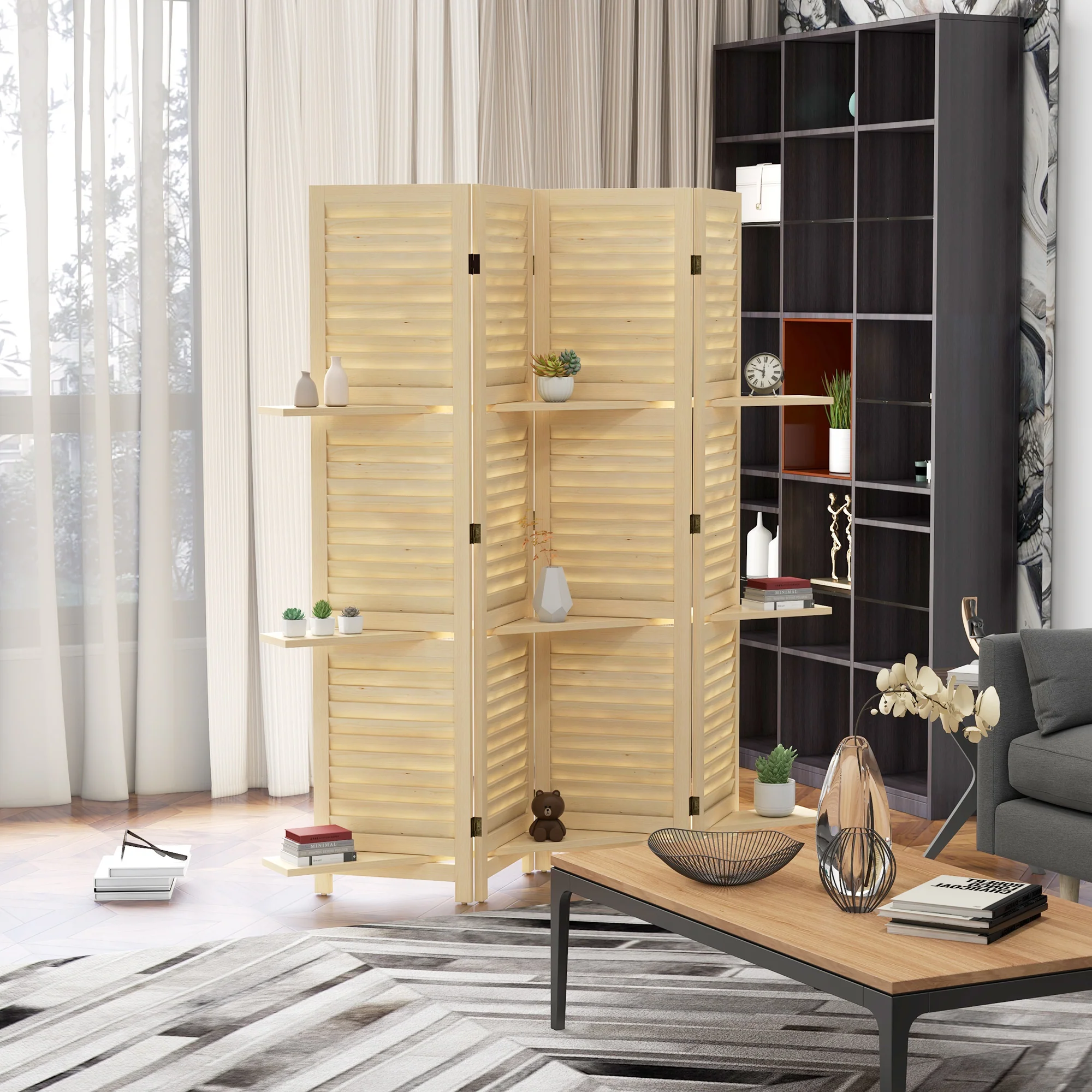 Paravent intérieur en bois 4 panneaux 160 x 170 cm, séparateur de pièce pliable avec 3 étagères, cloison de séparation pour salon, chambre à coucher, maison, naturel - Image 3