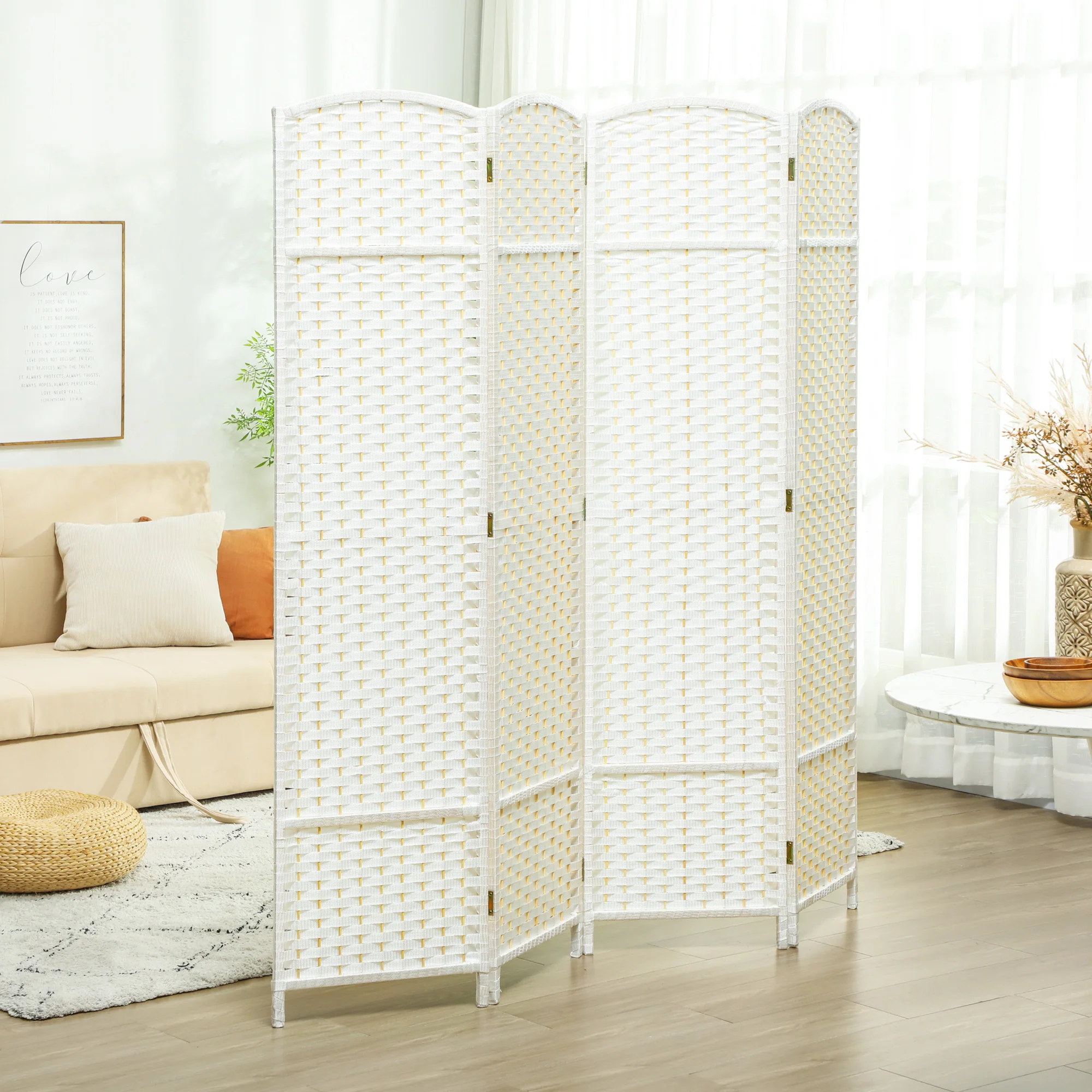 Paravent interieur en bois 4 panneaux 160 x 170 cm séparateur de pièce pliable avec finition tissée, closion de séparation pour salon, chambre à coucher, maison, blanc - Image 3