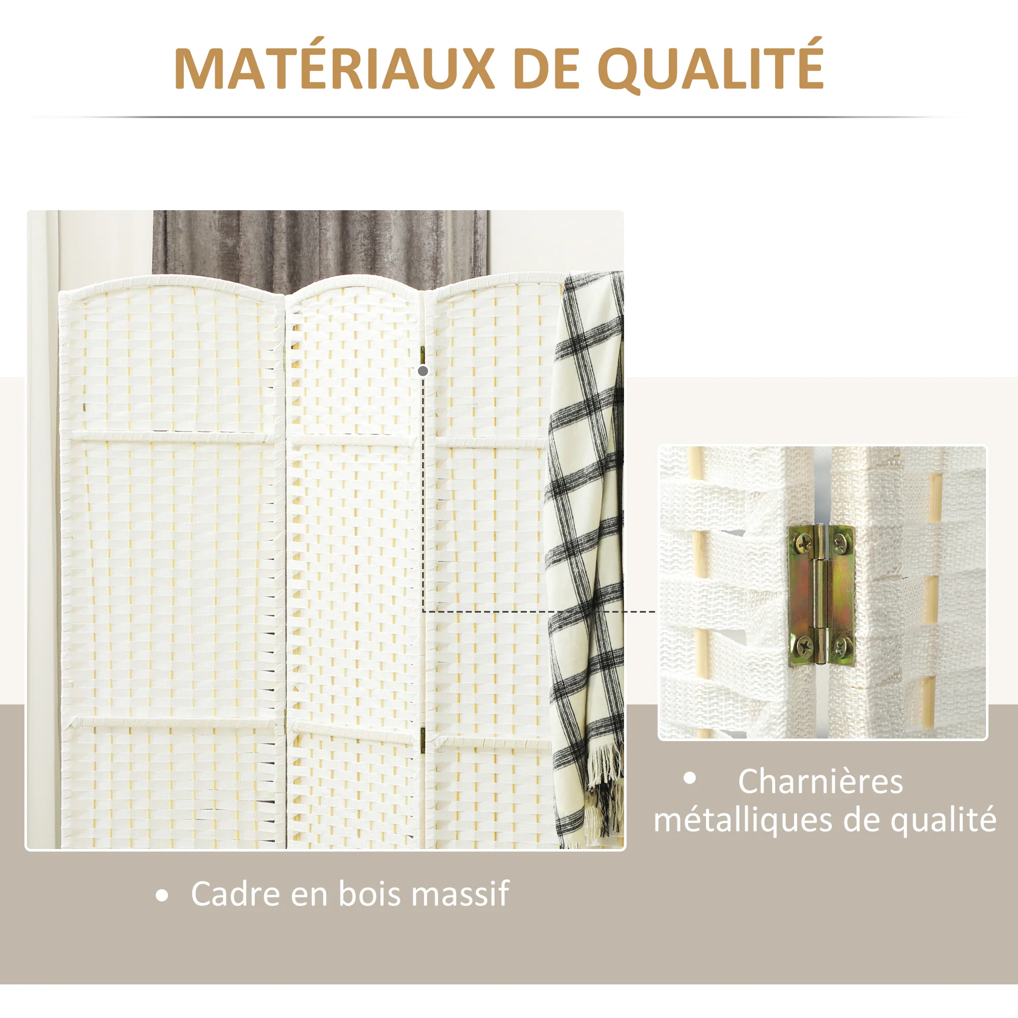 Paravent interieur en bois 4 panneaux 160 x 170 cm séparateur de pièce pliable avec finition tissée, closion de séparation pour salon, chambre à coucher, maison, blanc - Image 7