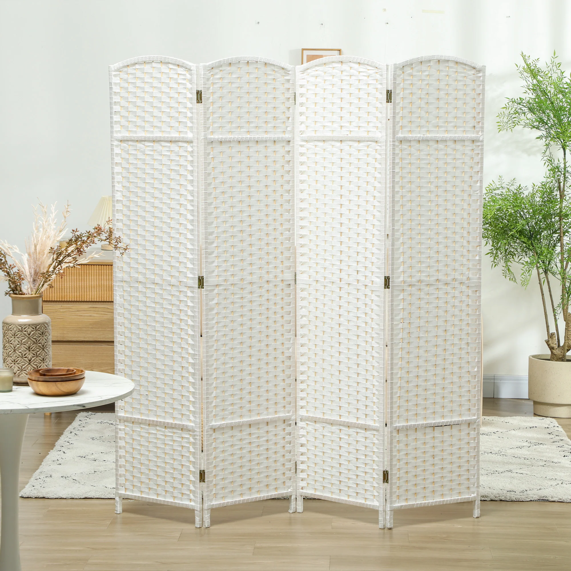 Paravent interieur en bois 4 panneaux 160 x 170 cm séparateur de pièce pliable avec finition tissée, closion de séparation pour salon, chambre à coucher, maison, blanc - Image 9