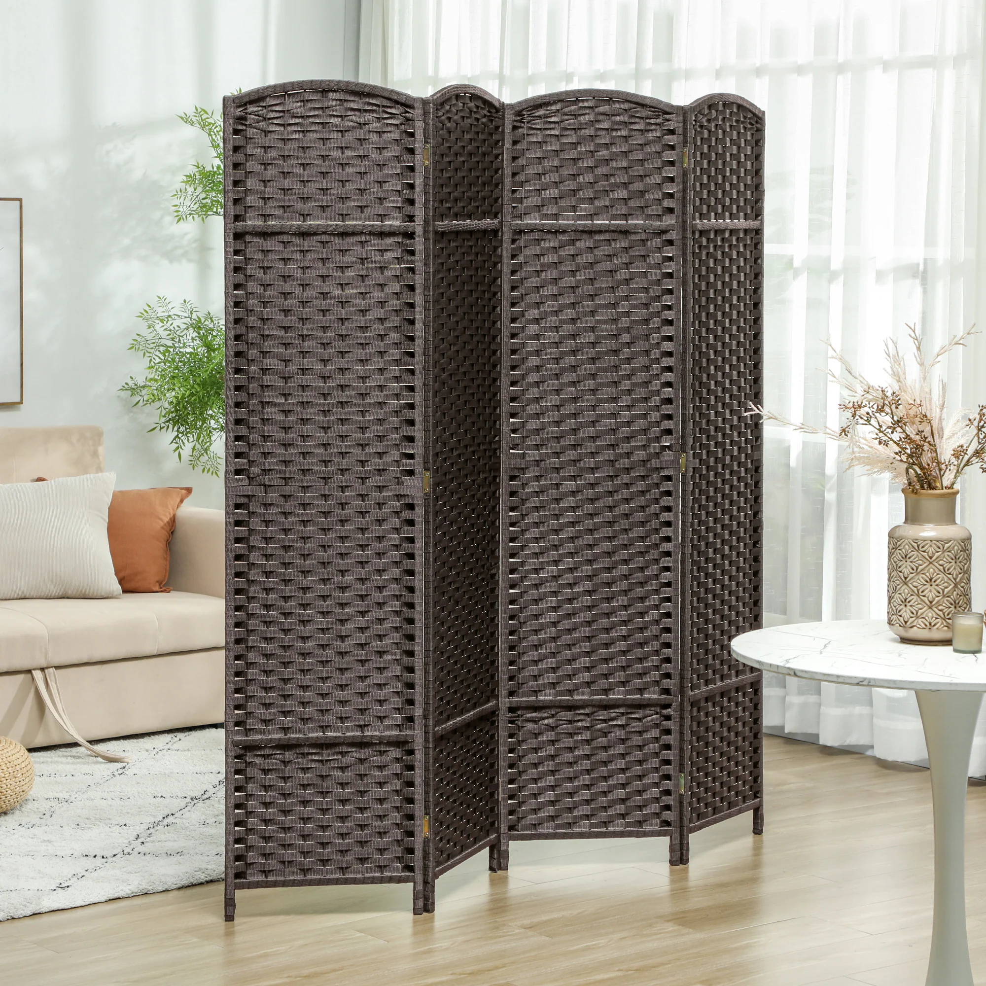 Paravent interieur en bois 4 panneaux 160 x 170 cm séparateur de pièce pliable avec finition tissée, closion de séparation pour salon, chambre à coucher, maison, marron - Image 3