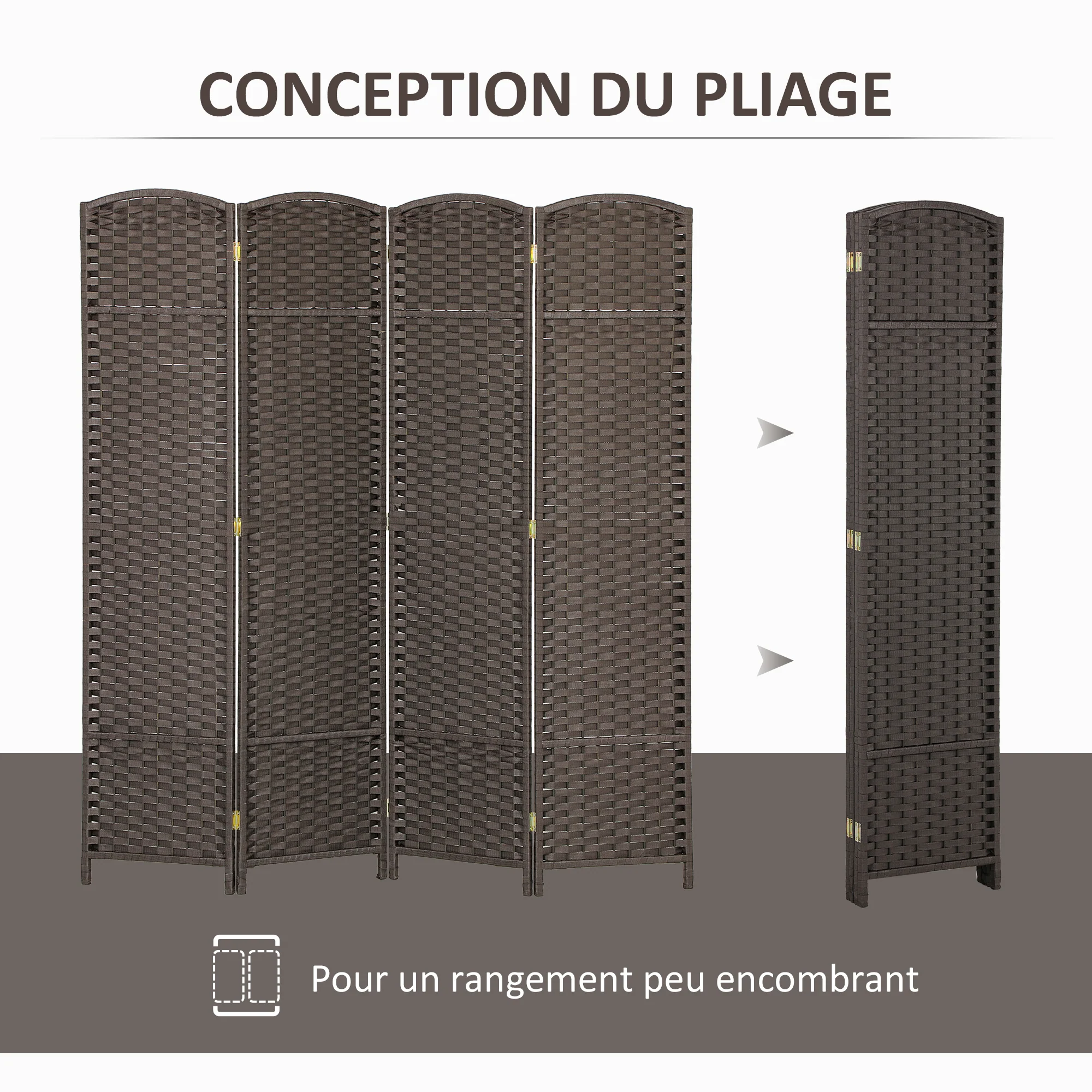 Paravent interieur en bois 4 panneaux 160 x 170 cm séparateur de pièce pliable avec finition tissée, closion de séparation pour salon, chambre à coucher, maison, marron - Image 6