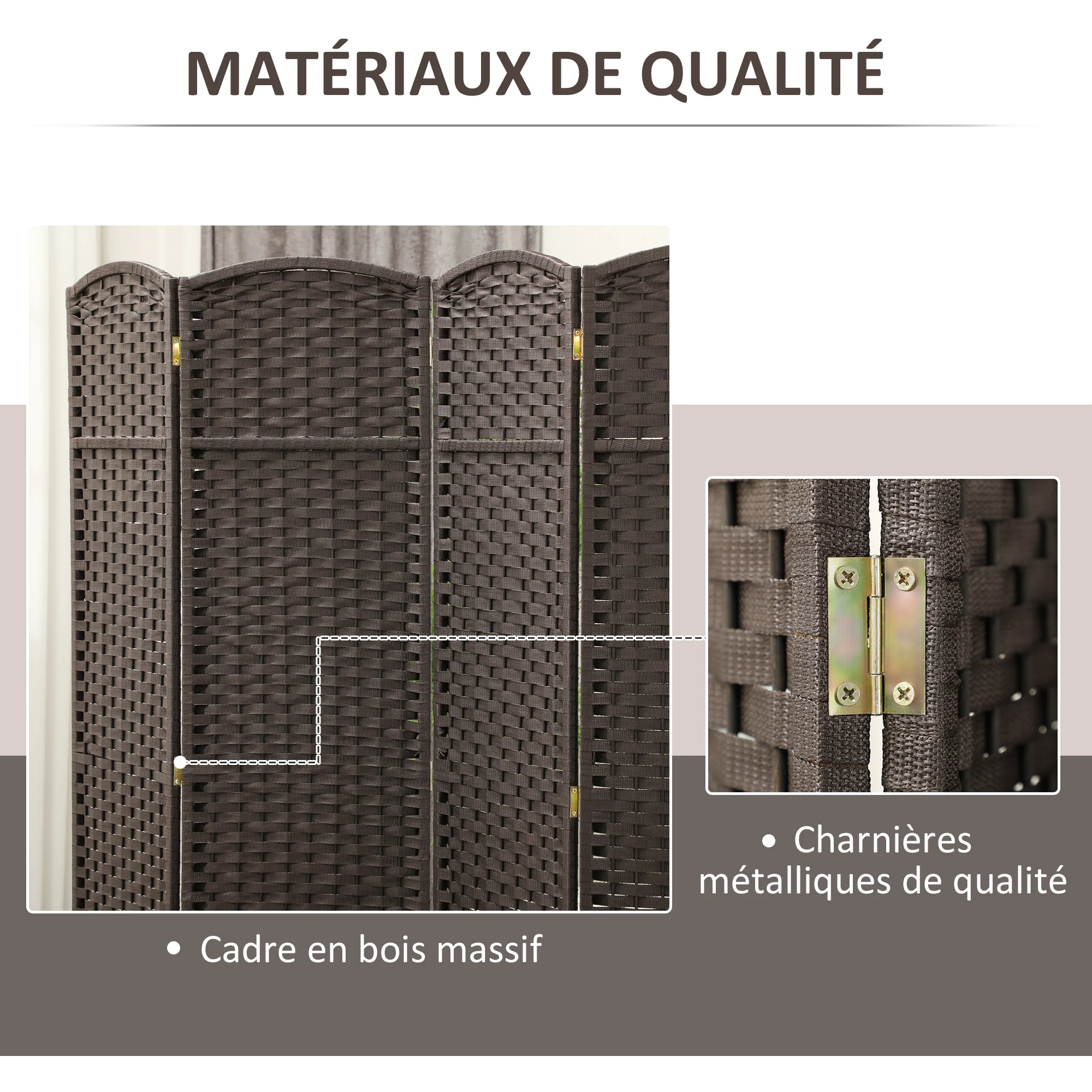 Paravent interieur en bois 4 panneaux 160 x 170 cm séparateur de pièce pliable avec finition tissée, closion de séparation pour salon, chambre à coucher, maison, marron - Image 7