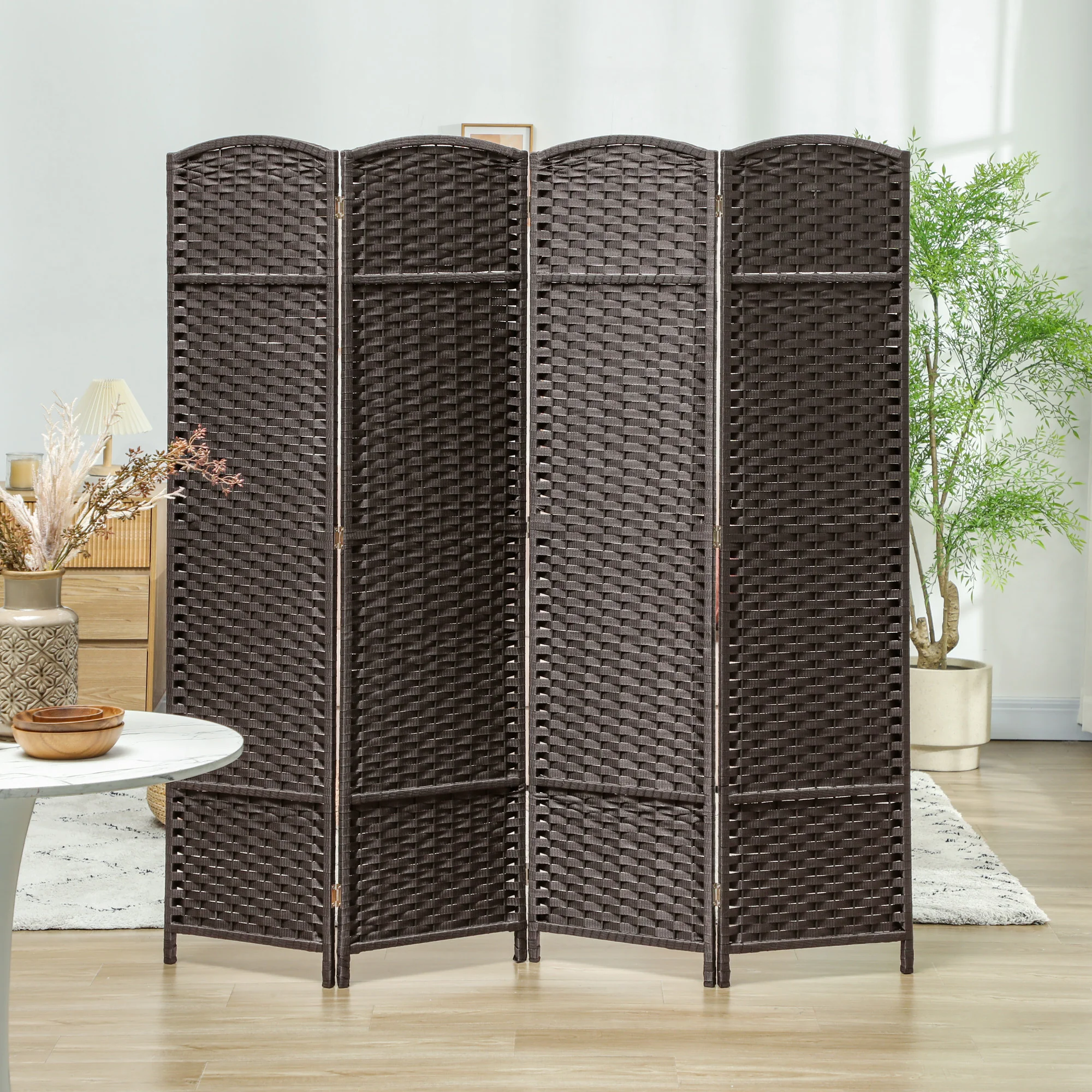 Paravent interieur en bois 4 panneaux 160 x 170 cm séparateur de pièce pliable avec finition tissée, closion de séparation pour salon, chambre à coucher, maison, marron - Image 8