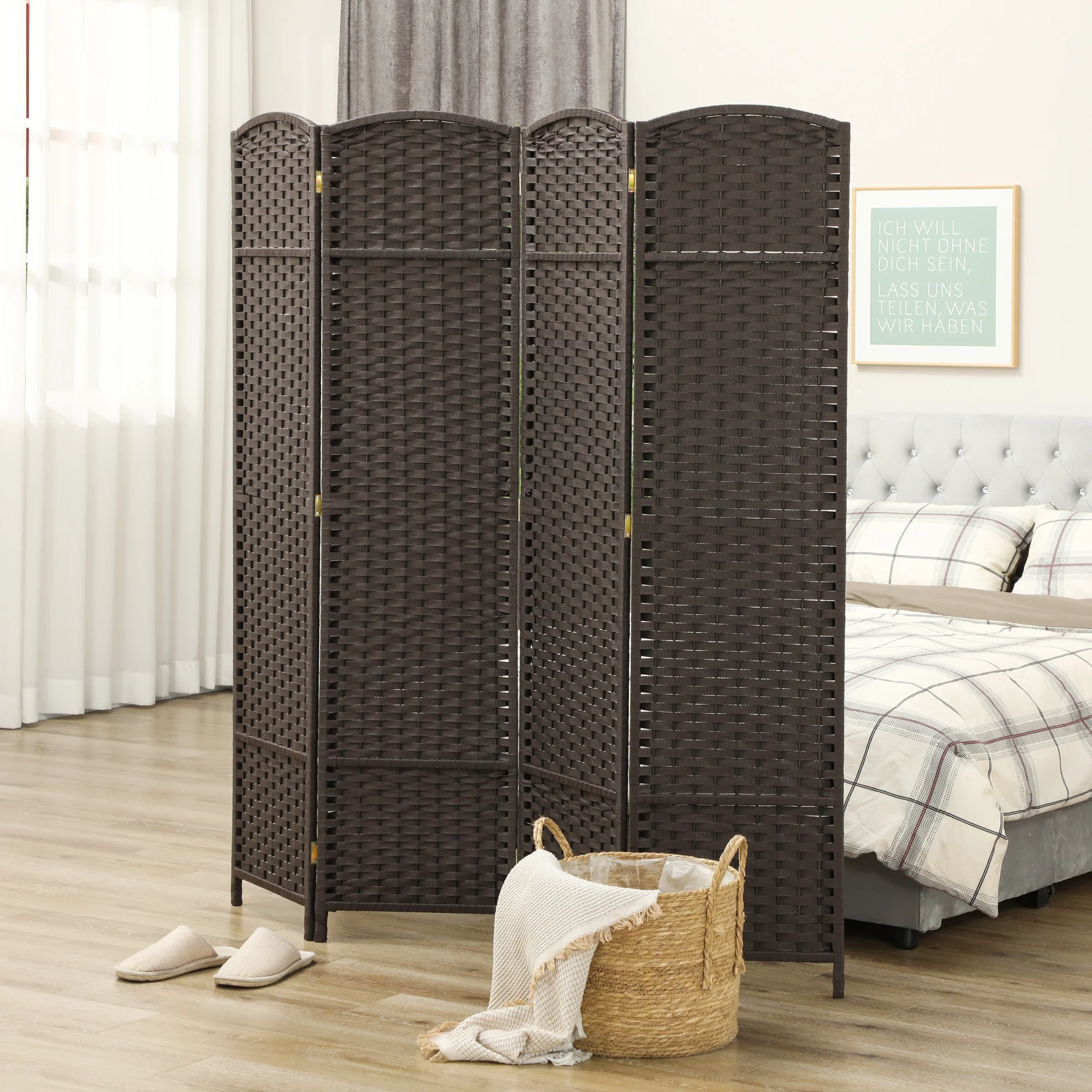 Paravent interieur en bois 4 panneaux 160 x 170 cm séparateur de pièce pliable avec finition tissée, closion de séparation pour salon, chambre à coucher, maison, marron - Image 9