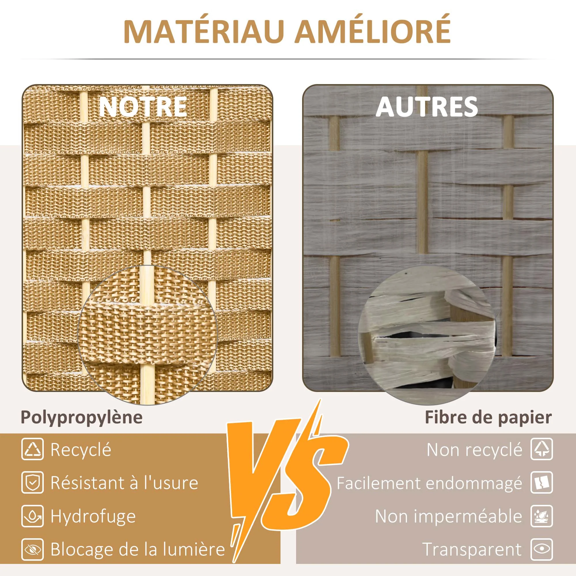Paravent interieur en bois 4 panneaux 160 x 170 cm séparateur de pièce pliable avec finition tissée, closion de séparation pour salon, chambre à coucher, maison, bois naturel - Image 5