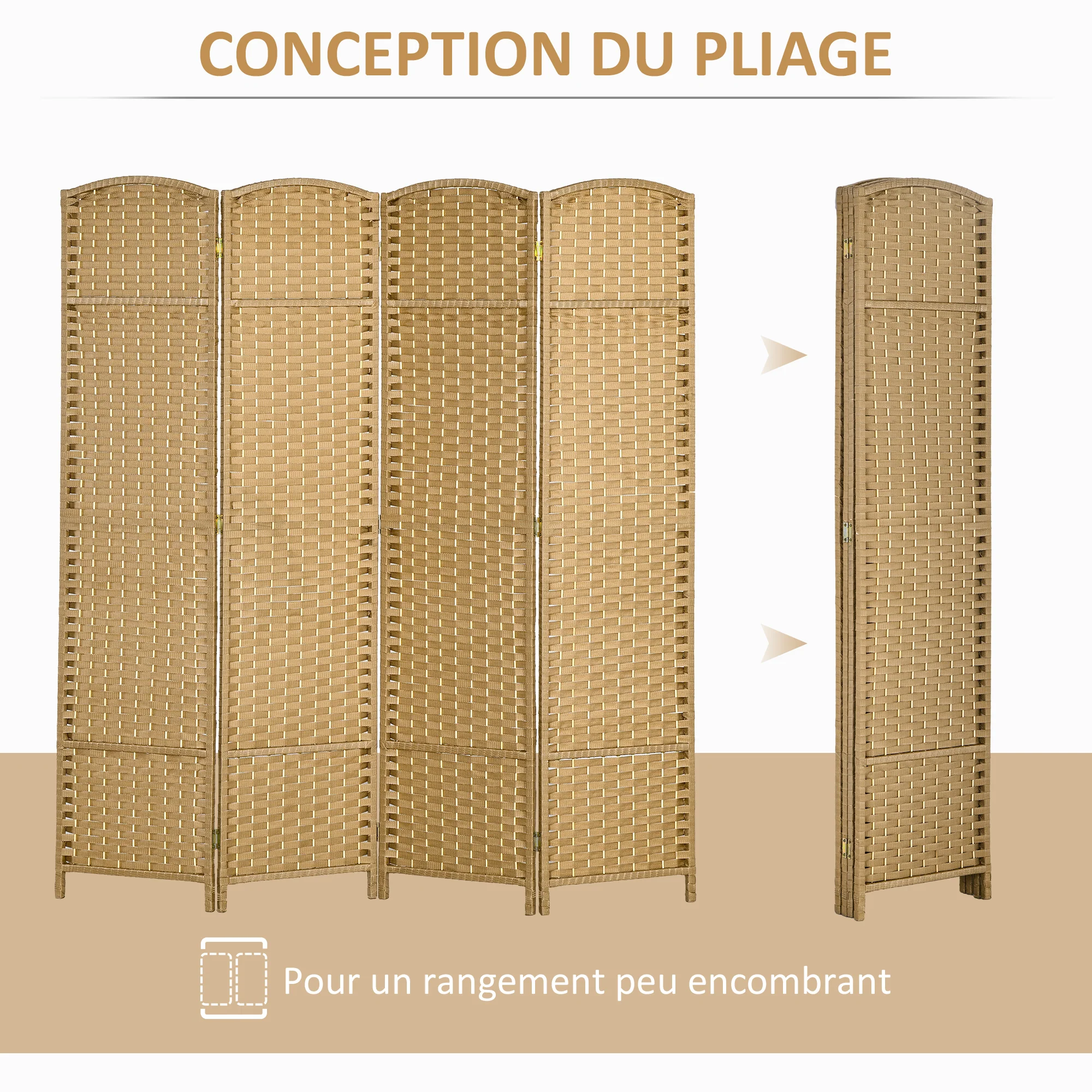 Paravent interieur en bois 4 panneaux 160 x 170 cm séparateur de pièce pliable avec finition tissée, closion de séparation pour salon, chambre à coucher, maison, bois naturel - Image 6