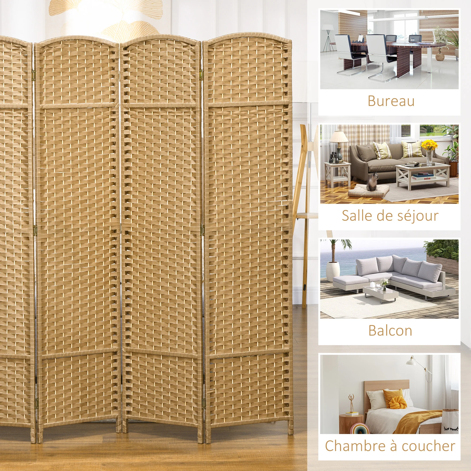 Paravent interieur en bois 4 panneaux 160 x 170 cm séparateur de pièce pliable avec finition tissée, closion de séparation pour salon, chambre à coucher, maison, bois naturel - Image 8