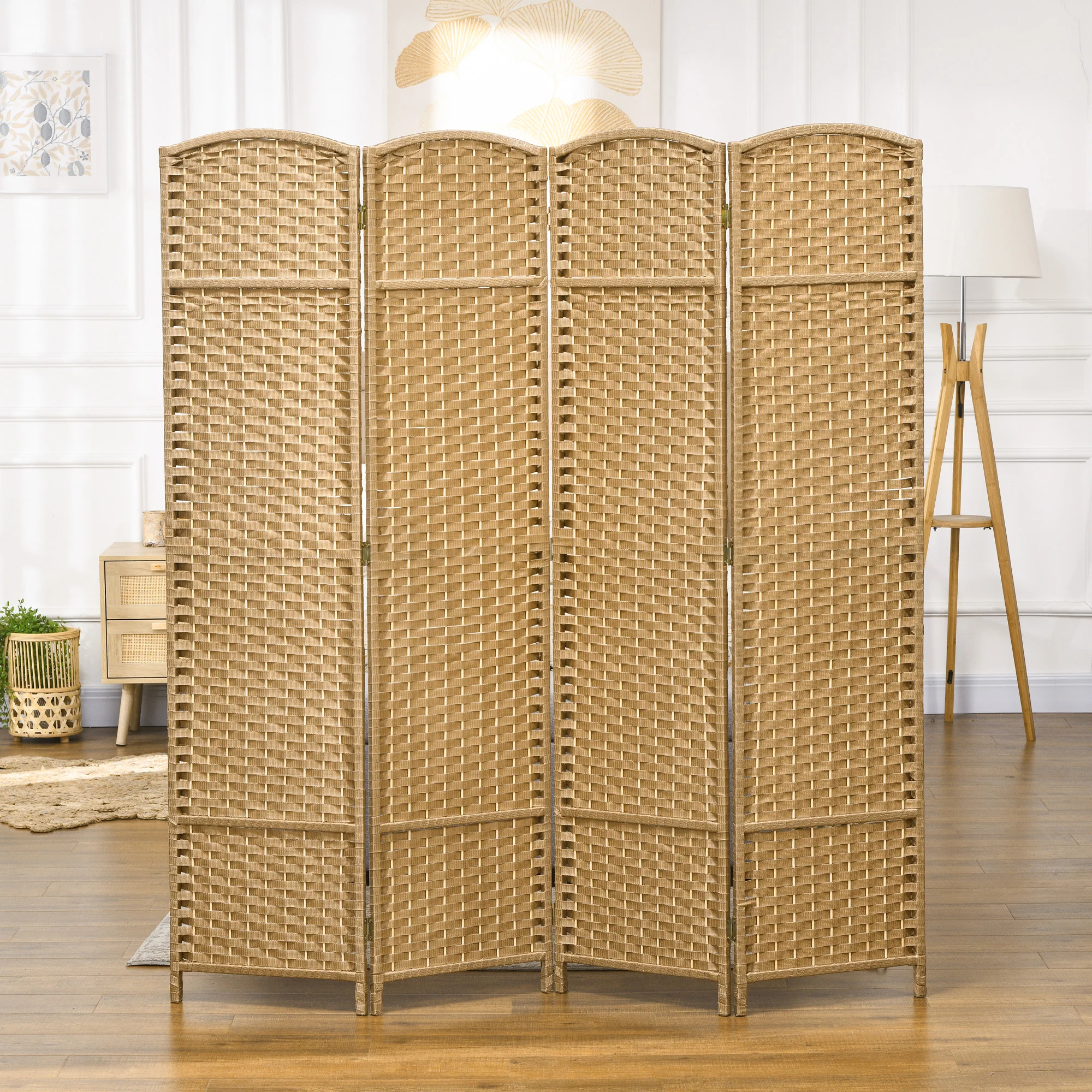 Paravent interieur en bois 4 panneaux 160 x 170 cm séparateur de pièce pliable avec finition tissée, closion de séparation pour salon, chambre à coucher, maison, bois naturel - Image 9