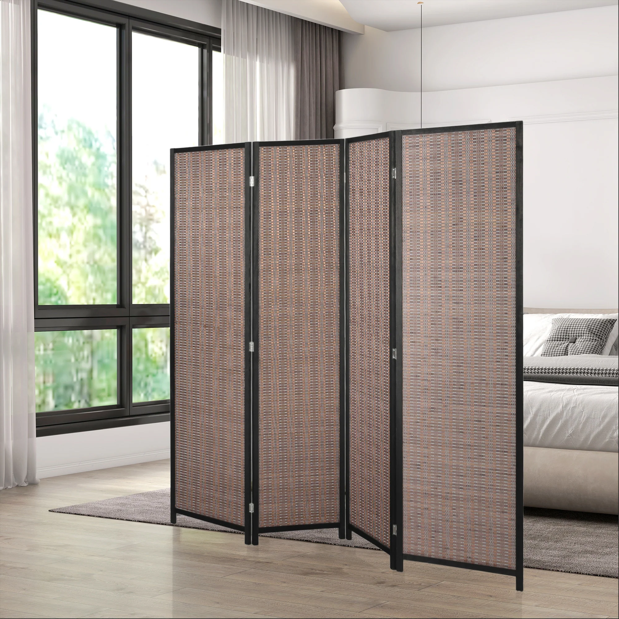 Paravent interieur en bois 4 panneaux 180 x 180 cm séparateur de pièce pliable cloison de séparation pour salon chambre à coucher maison, marron - Image 3