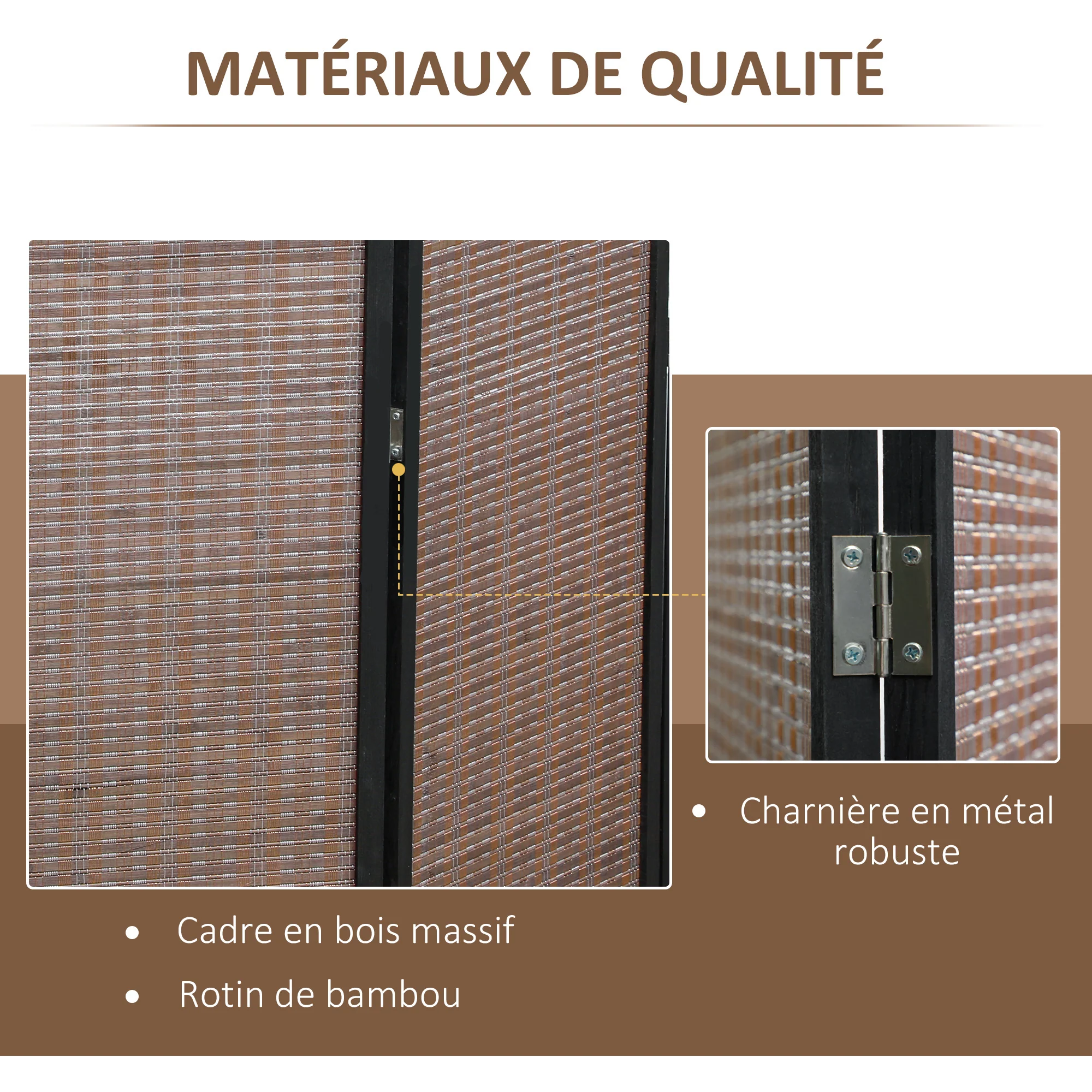 Paravent interieur en bois 4 panneaux 180 x 180 cm séparateur de pièce pliable cloison de séparation pour salon chambre à coucher maison, marron - Image 6