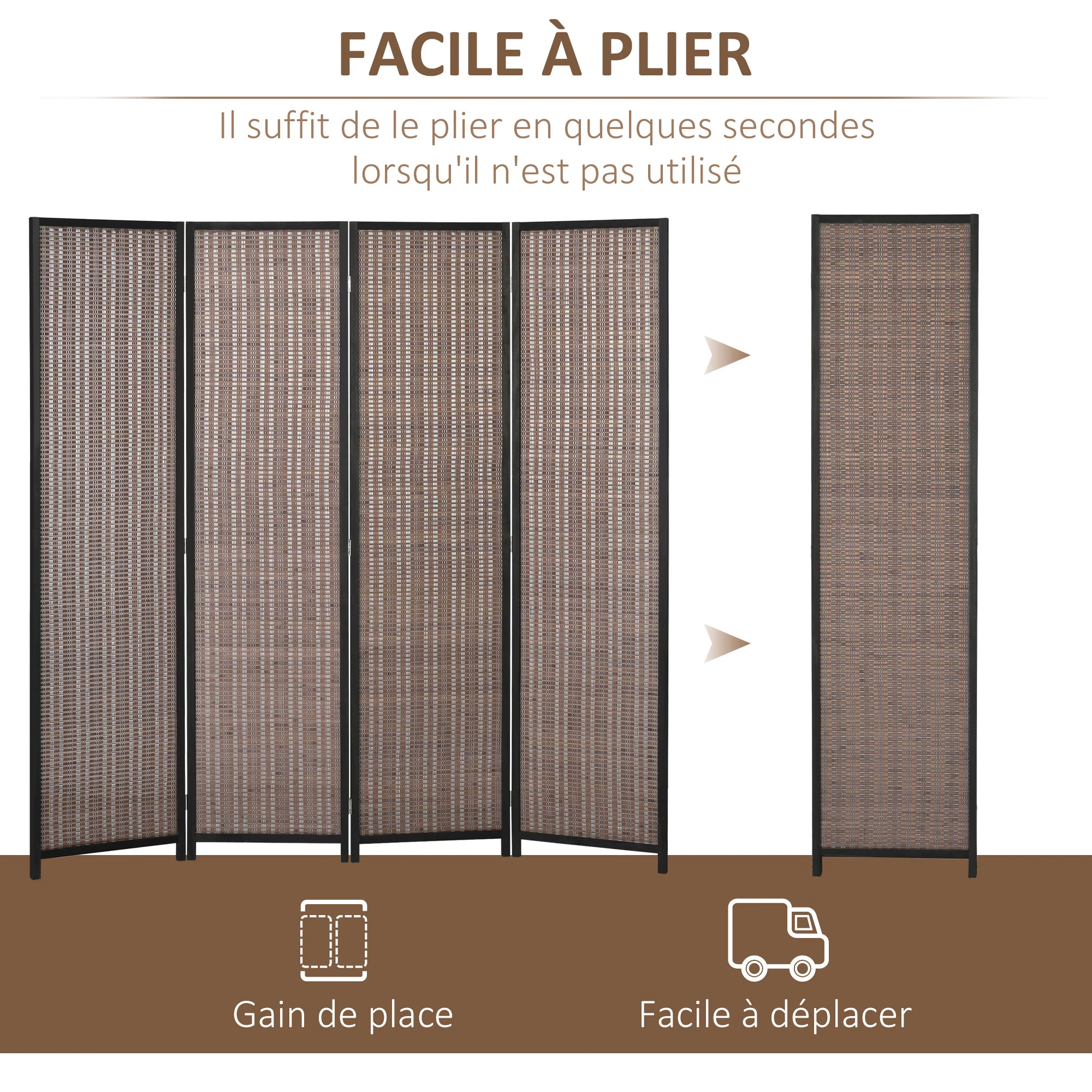 Paravent interieur en bois 4 panneaux 180 x 180 cm séparateur de pièce pliable cloison de séparation pour salon chambre à coucher maison, marron - Image 7