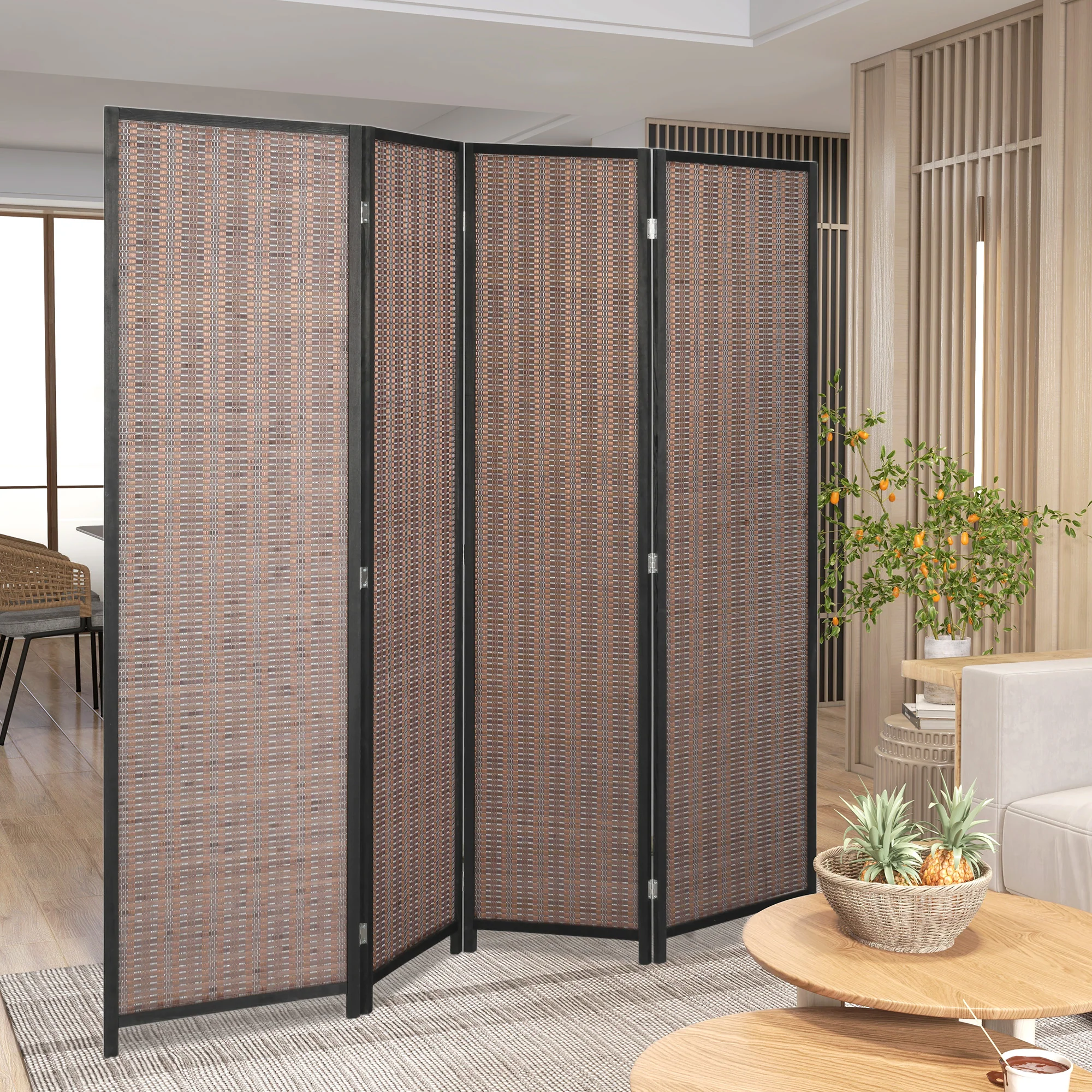 Paravent interieur en bois 4 panneaux 180 x 180 cm séparateur de pièce pliable cloison de séparation pour salon chambre à coucher maison, marron - Image 9