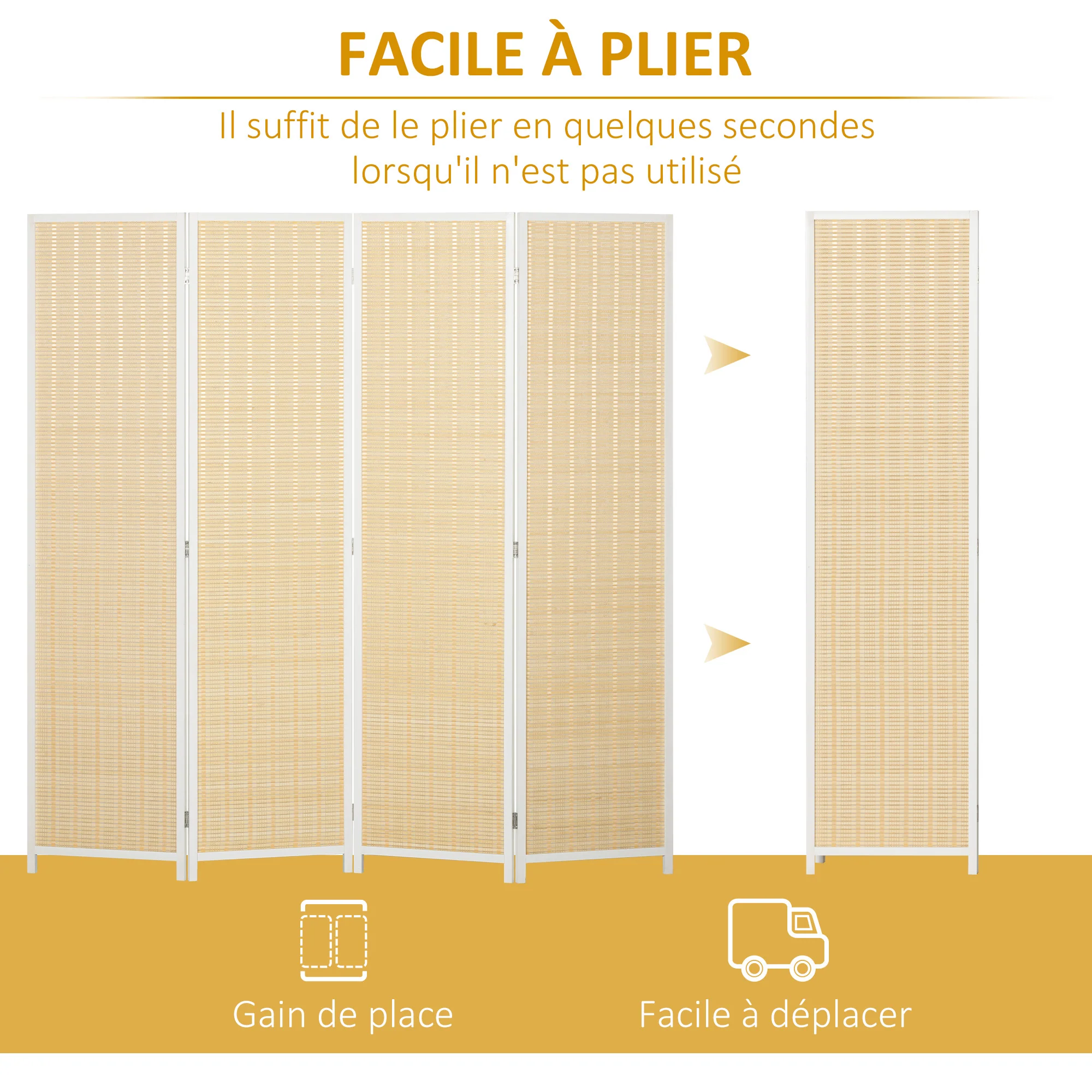 Paravent interieur en bois 4 panneaux 180 x 180 cm séparateur de pièce pliable cloison de séparation pour salon chambre à coucher maison, bois naturel - Image 7