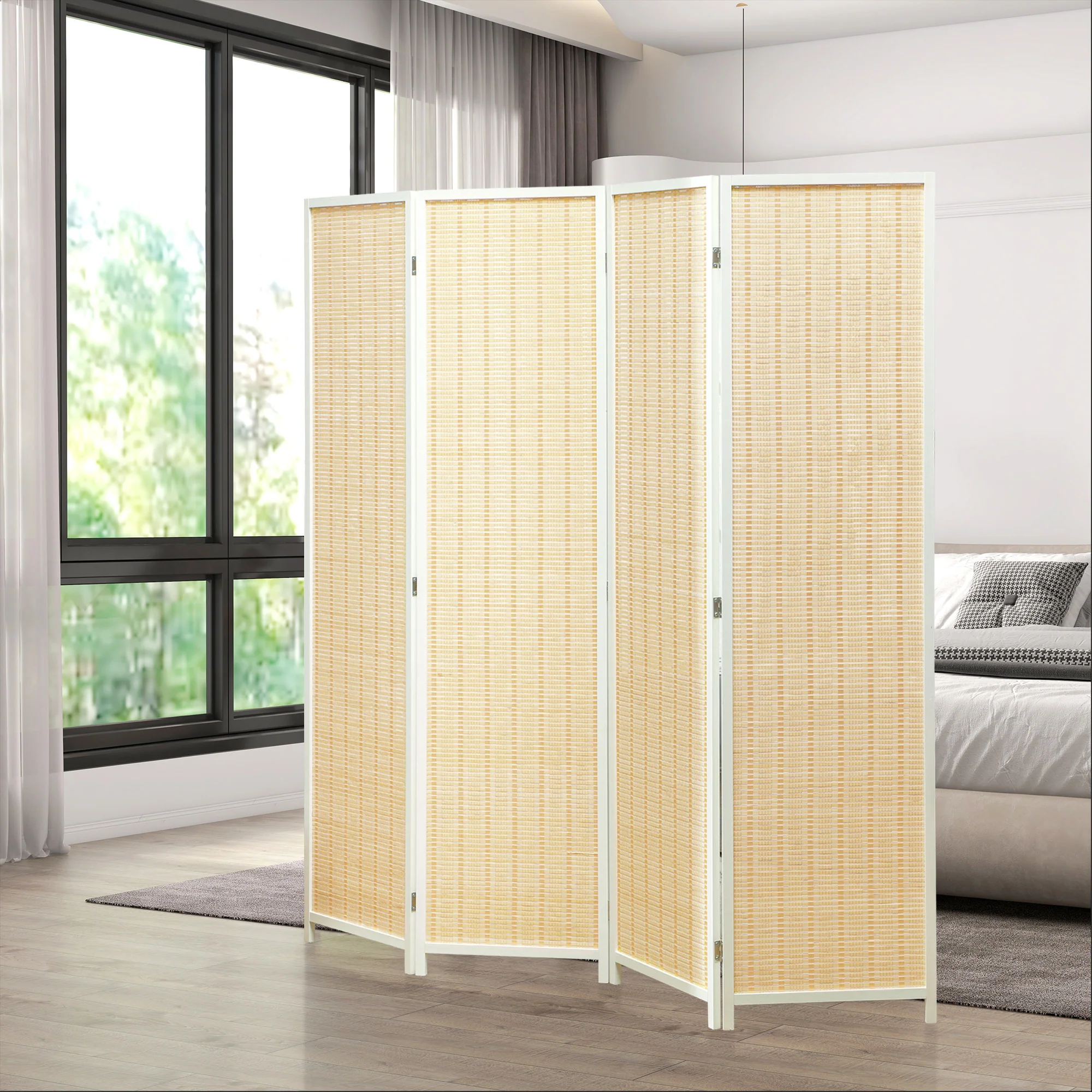 Paravent interieur en bois 4 panneaux 180 x 180 cm séparateur de pièce pliable cloison de séparation pour salon chambre à coucher maison, bois naturel - Image 9