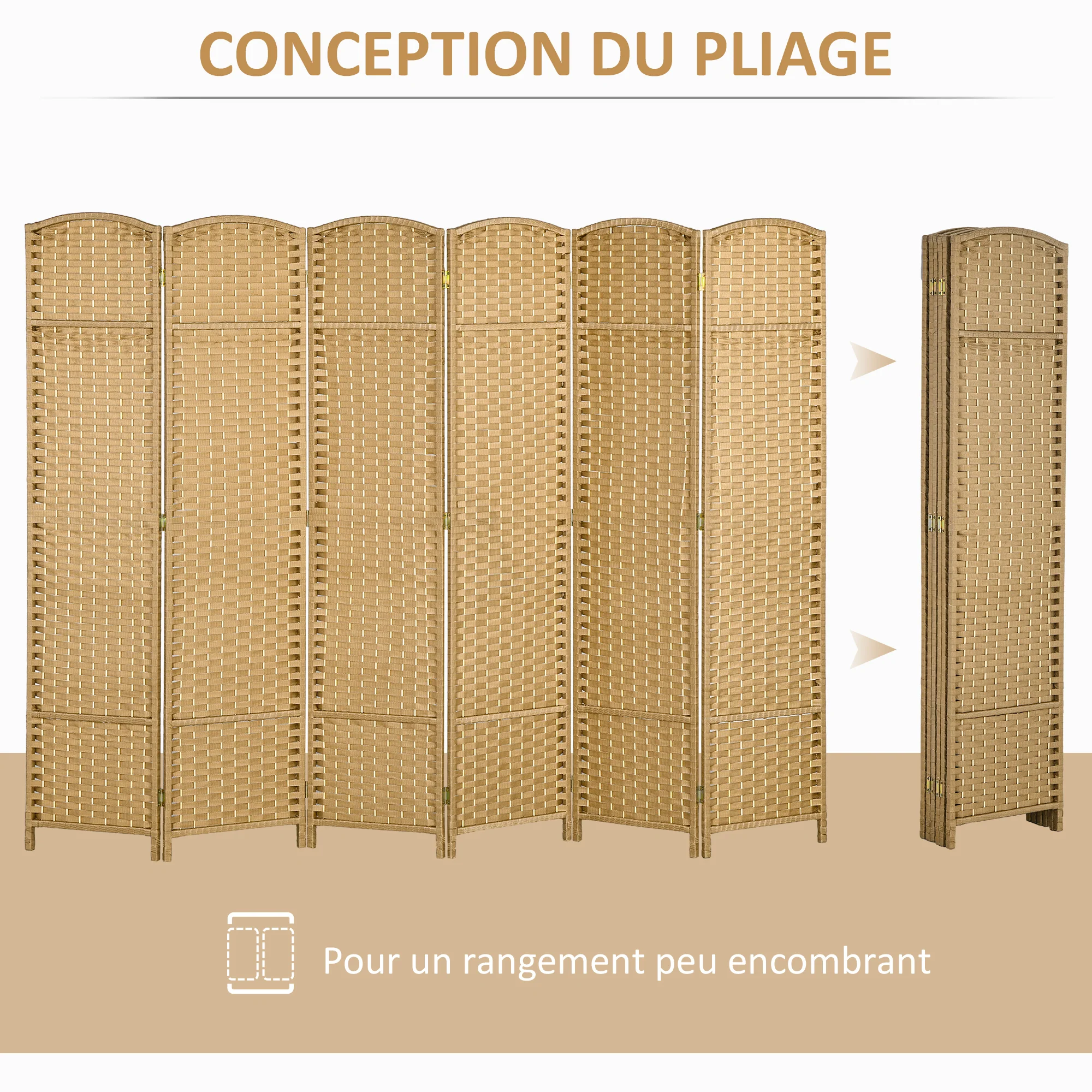Paravent interieur en bois 6 panneaux 240 x 170 cm séparateur de pièce pliable avec finition tissée, closion de séparation pour salon, chambre à coucher, maison, bois naturel - Image 6