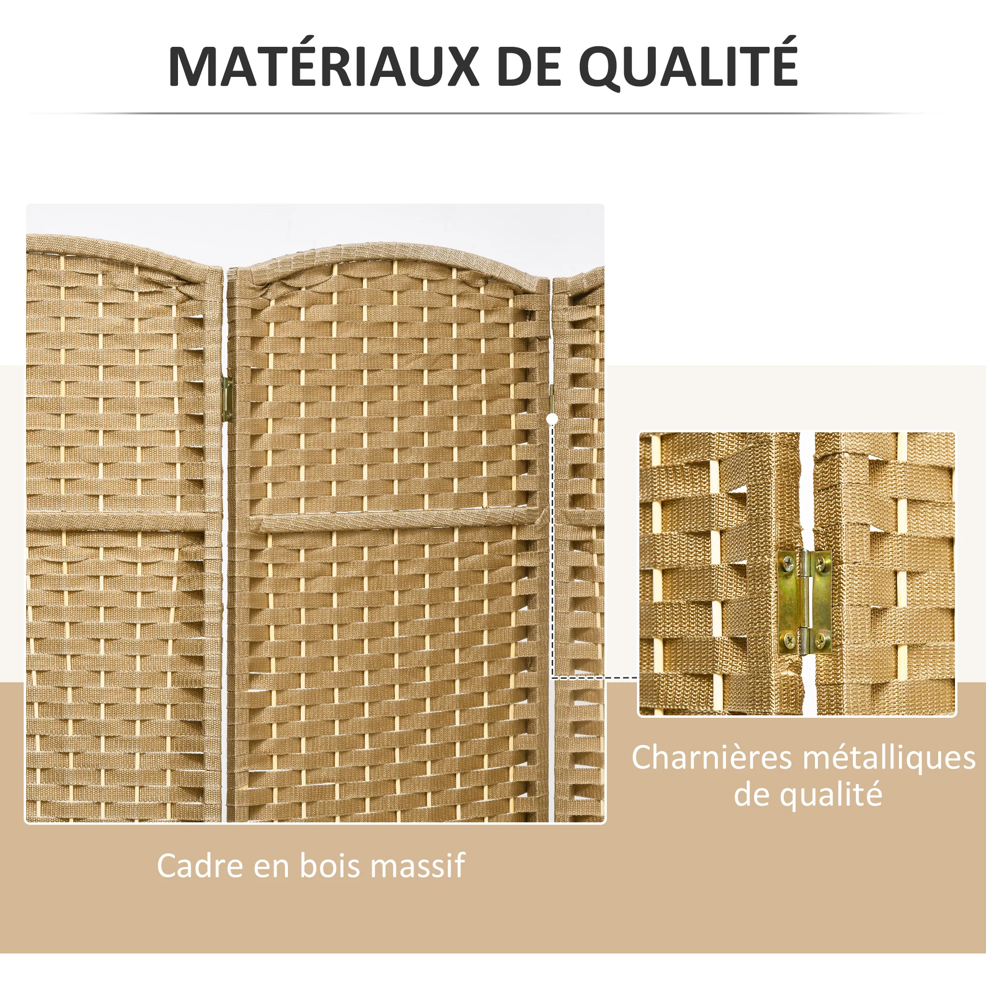 Paravent interieur en bois 6 panneaux 240 x 170 cm séparateur de pièce pliable avec finition tissée, closion de séparation pour salon, chambre à coucher, maison, bois naturel - Image 7