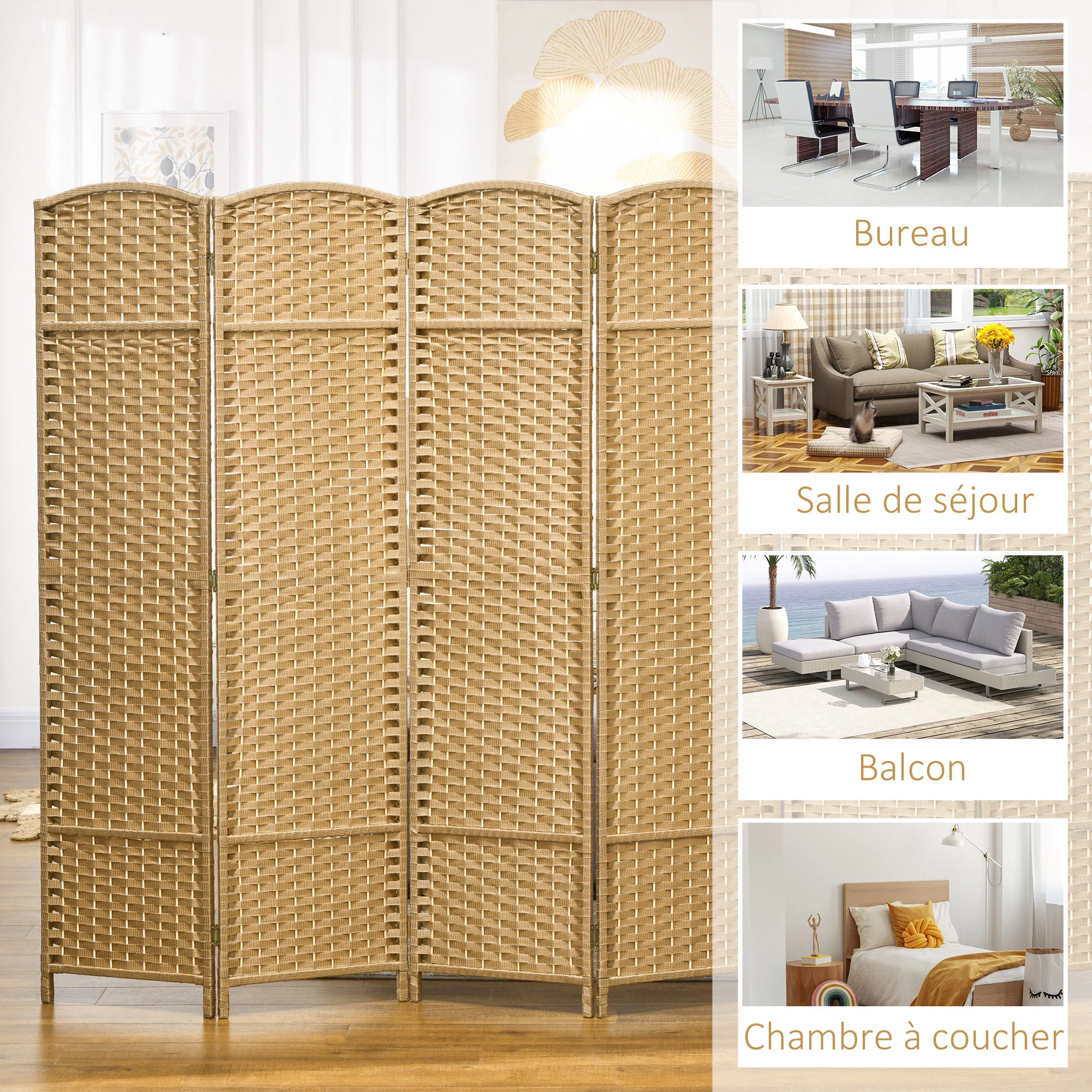 Paravent interieur en bois 6 panneaux 240 x 170 cm séparateur de pièce pliable avec finition tissée, closion de séparation pour salon, chambre à coucher, maison, bois naturel - Image 8