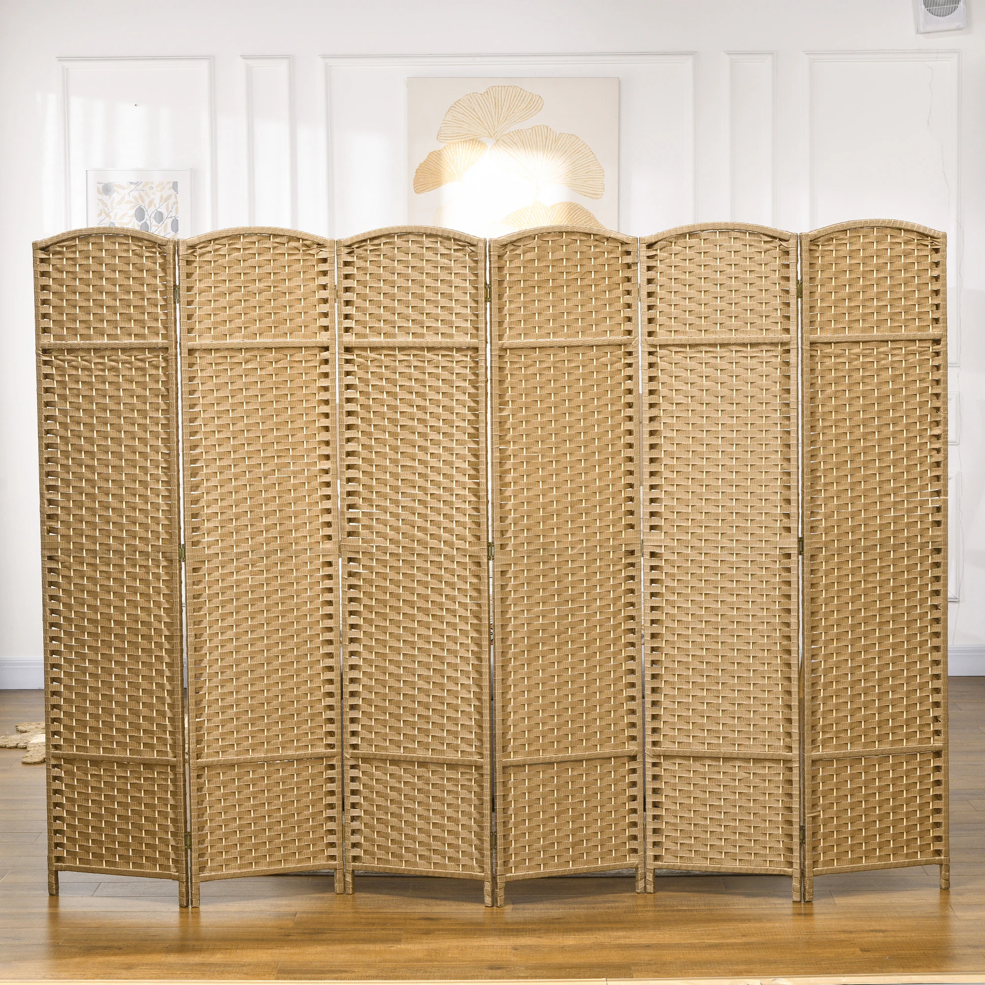 Paravent interieur en bois 6 panneaux 240 x 170 cm séparateur de pièce pliable avec finition tissée, closion de séparation pour salon, chambre à coucher, maison, bois naturel - Image 9