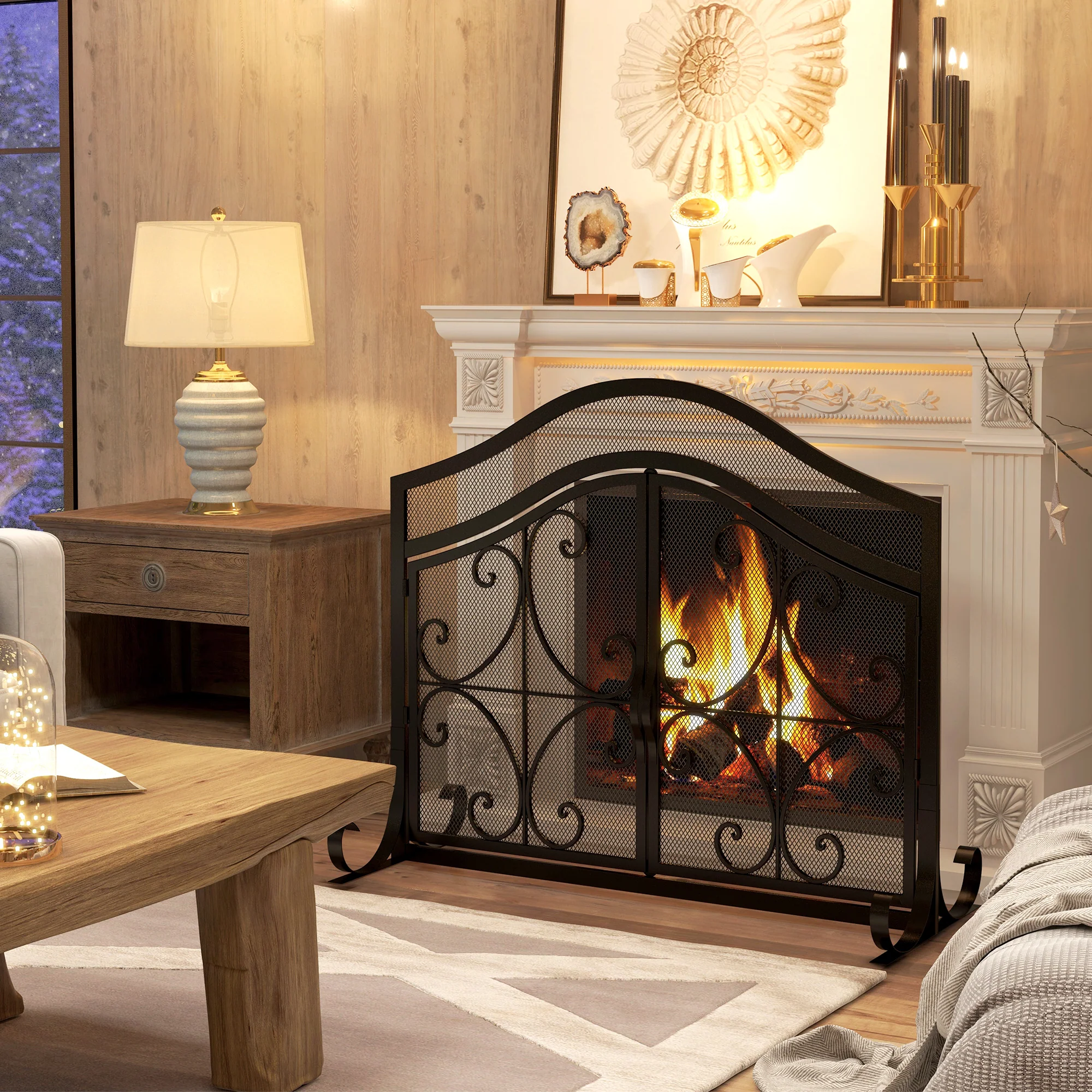 Pare-feu cheminée, grille de protection pour cheminée, panneau unique en maille d'acier, sommet arqué, serviteur cheminée avec double porte magnétiques, 105 x 40 x 80,5 cm, noir - Image 3