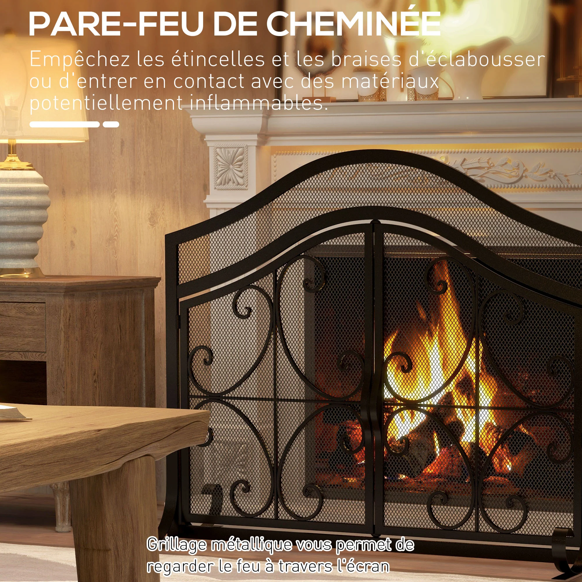 Pare-feu cheminée, grille de protection pour cheminée, panneau unique en maille d'acier, sommet arqué, serviteur cheminée avec double porte magnétiques, 105 x 40 x 80,5 cm, noir - Image 5