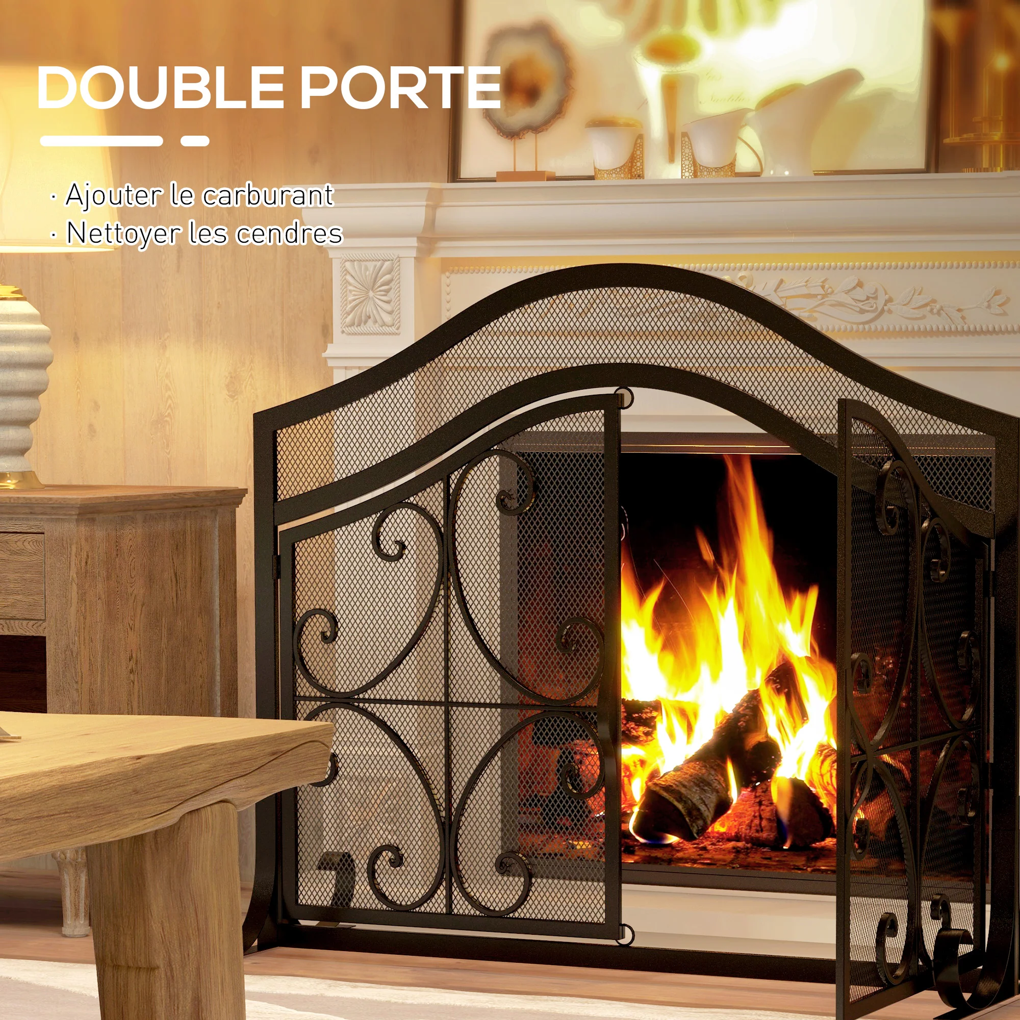 Pare-feu cheminée, grille de protection pour cheminée, panneau unique en maille d'acier, sommet arqué, serviteur cheminée avec double porte magnétiques, 105 x 40 x 80,5 cm, noir - Image 6