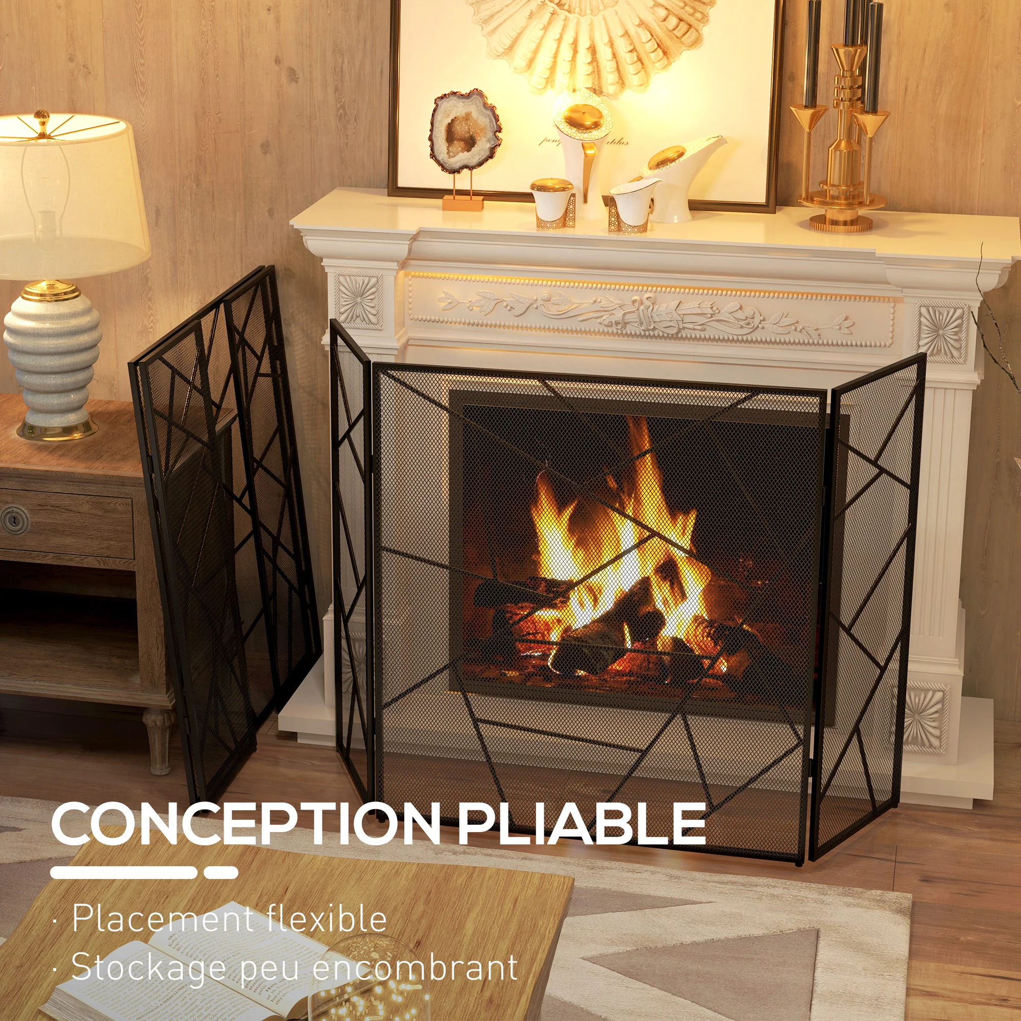 Pare feu cheminée pliable 3 panneaux, pare-étincelles cheminée, grille de protection cheminée en maille d'acier avec décor géométrique et pieds antidérapants, 135l x 1,2P x 85H cm, noir - Image 6