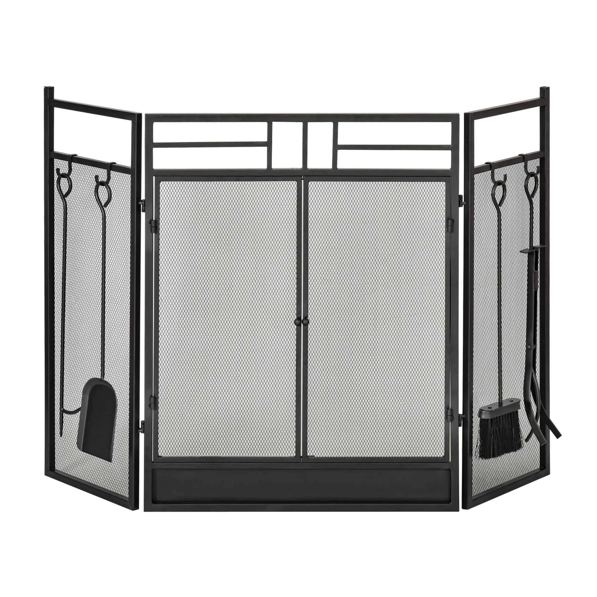 Pare-feu Large pour cheminée ou poêle - Pare-étincelles serviteur de cheminée 2 en 1 avec Accessoires - 3 Volets Pliables et Porte - Acier métal Noir - Image 11