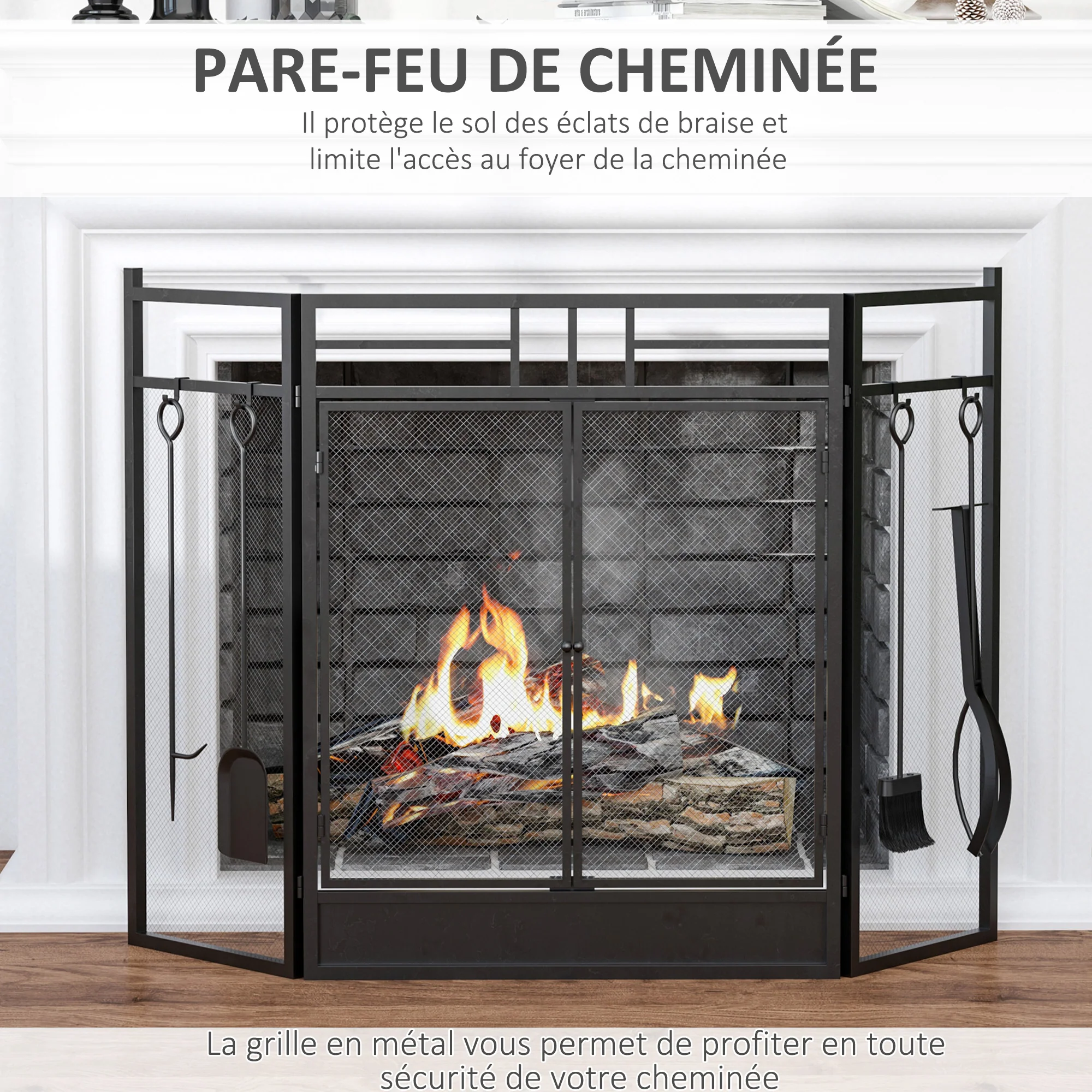 Pare-feu Large pour cheminée ou poêle - Pare-étincelles serviteur de cheminée 2 en 1 avec Accessoires - 3 Volets Pliables et Porte - Acier métal Noir - Image 5