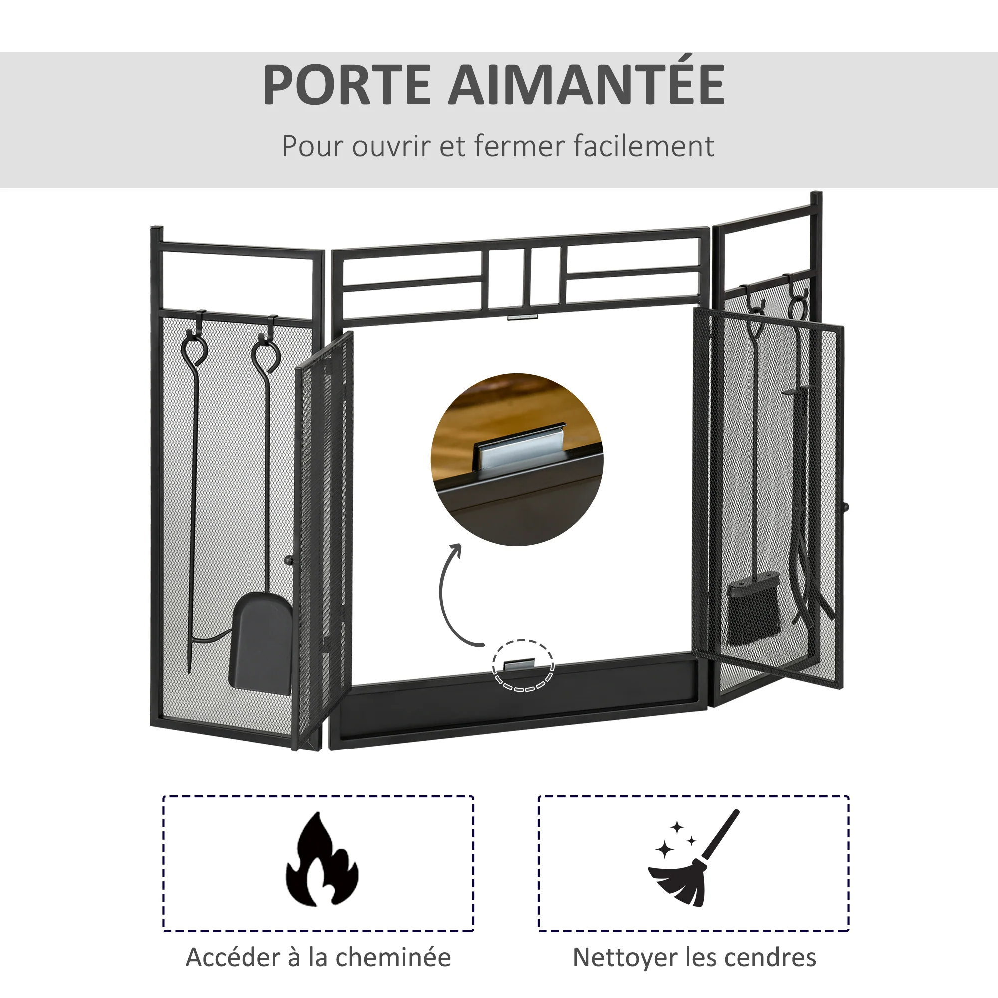 Pare-feu Large pour cheminée ou poêle - Pare-étincelles serviteur de cheminée 2 en 1 avec Accessoires - 3 Volets Pliables et Porte - Acier métal Noir - Image 7