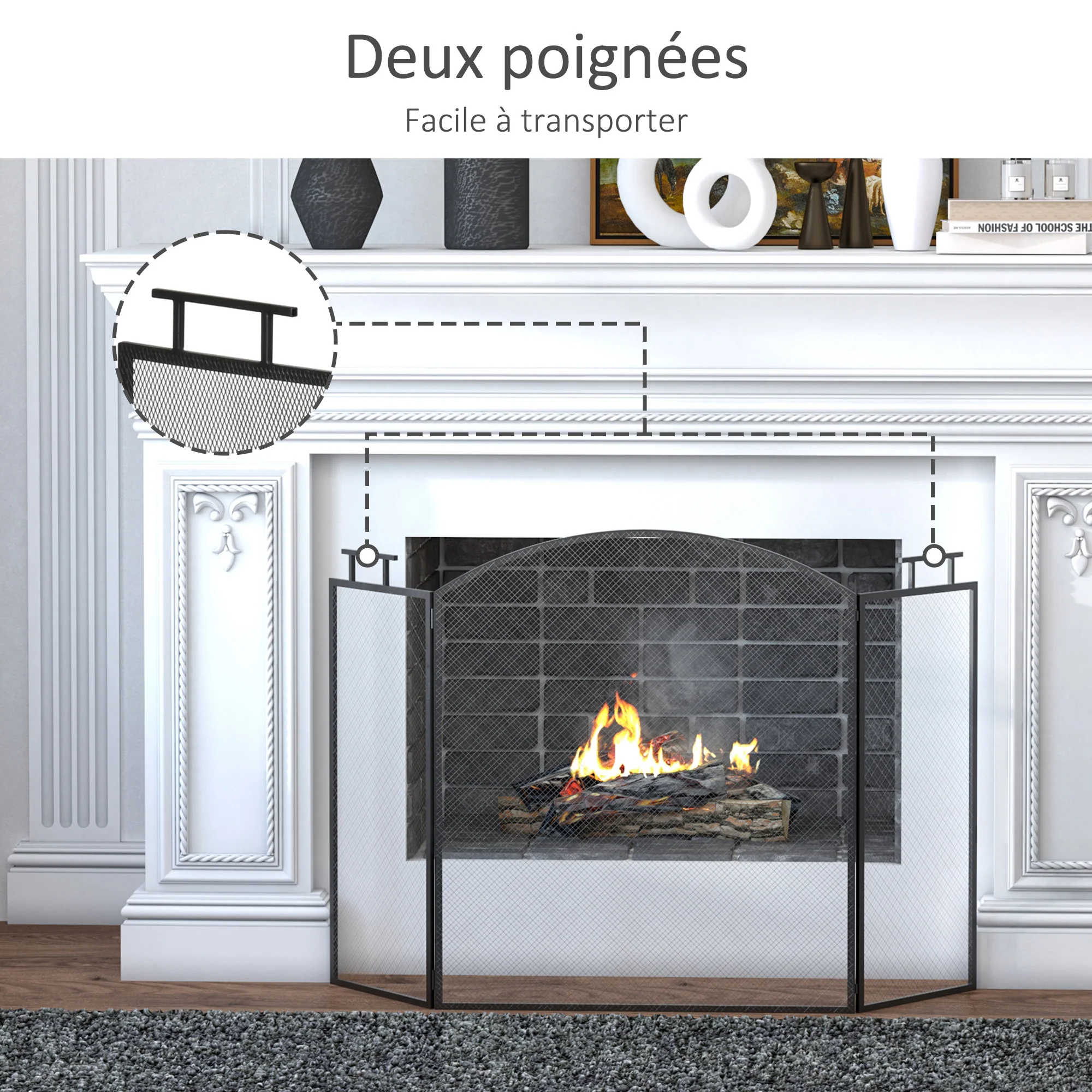 Pare-feu pour cheminée ou poêle - Pare-étincelles 3 Volets Pliables - dim. 110l x 24P x 76,5H cm - Acier métal Noir - Image 7