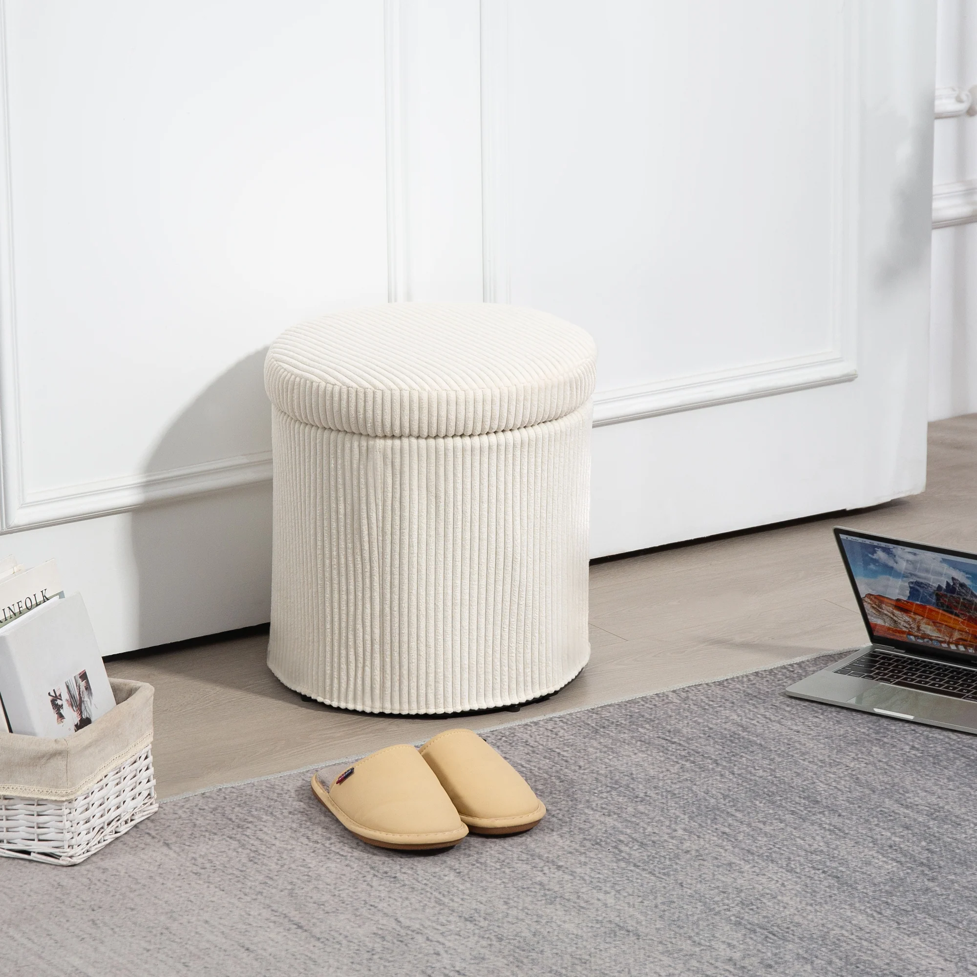 Pouf rangement 32 L pouf salon tabouret de coiffeuse en velours côtelé avec couvercle et pieds en acier, repose pied rond jusqu'à 120 kg, pour couloir, chambre, salon, beige - Image 3