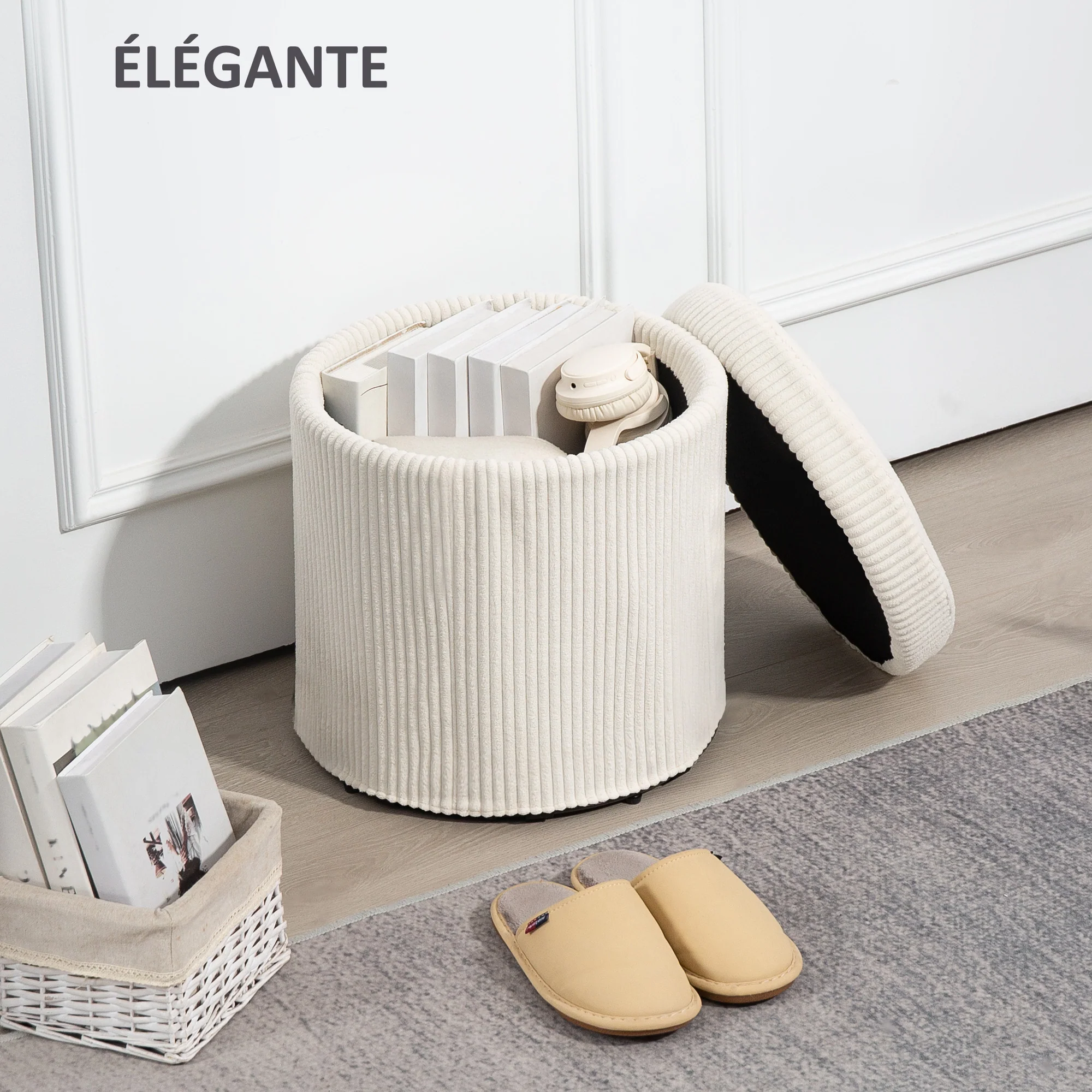 Pouf rangement 32 L pouf salon tabouret de coiffeuse en velours côtelé avec couvercle et pieds en acier, repose pied rond jusqu'à 120 kg, pour couloir, chambre, salon, beige - Image 5