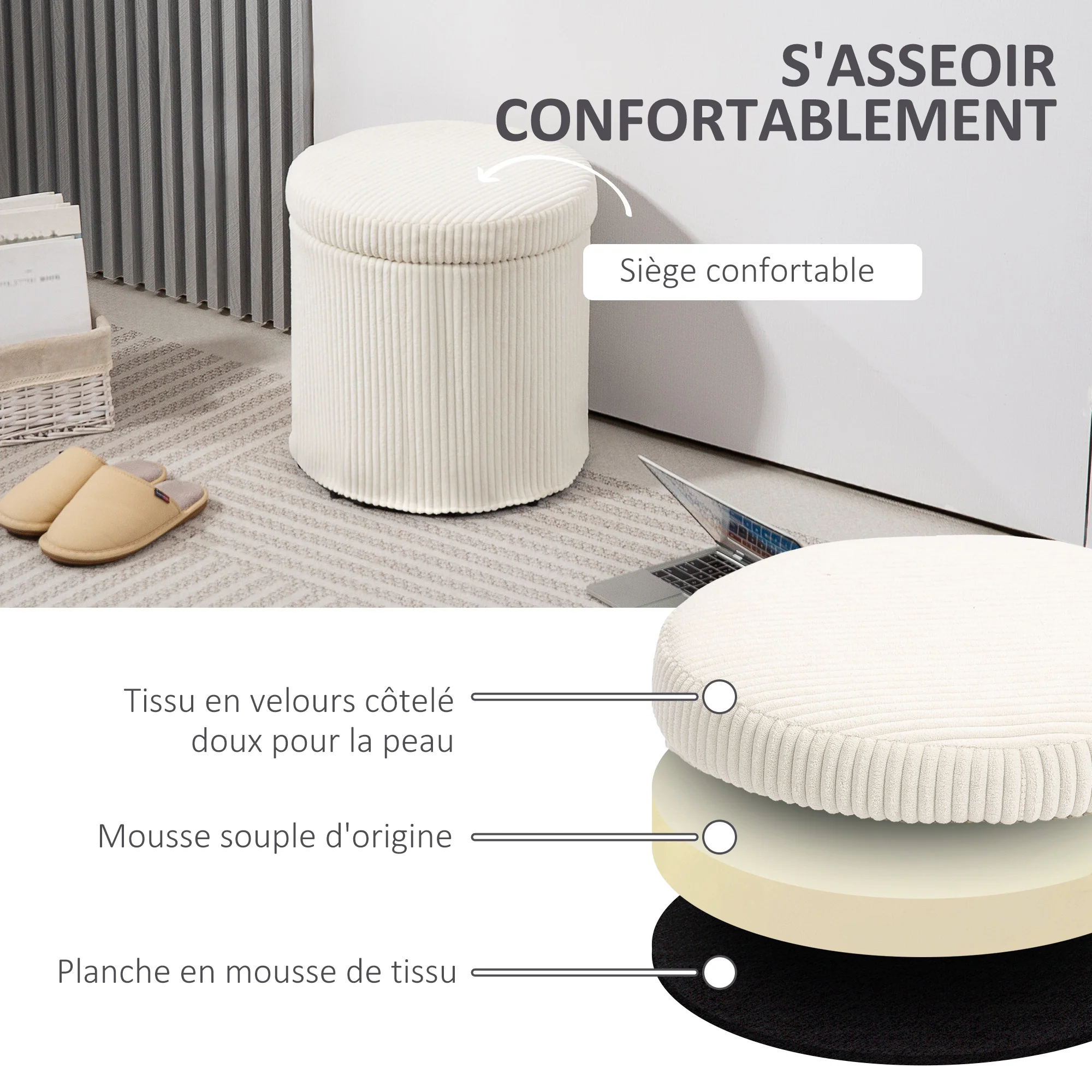 Pouf rangement 32 L pouf salon tabouret de coiffeuse en velours côtelé avec couvercle et pieds en acier, repose pied rond jusqu'à 120 kg, pour couloir, chambre, salon, beige - Image 6