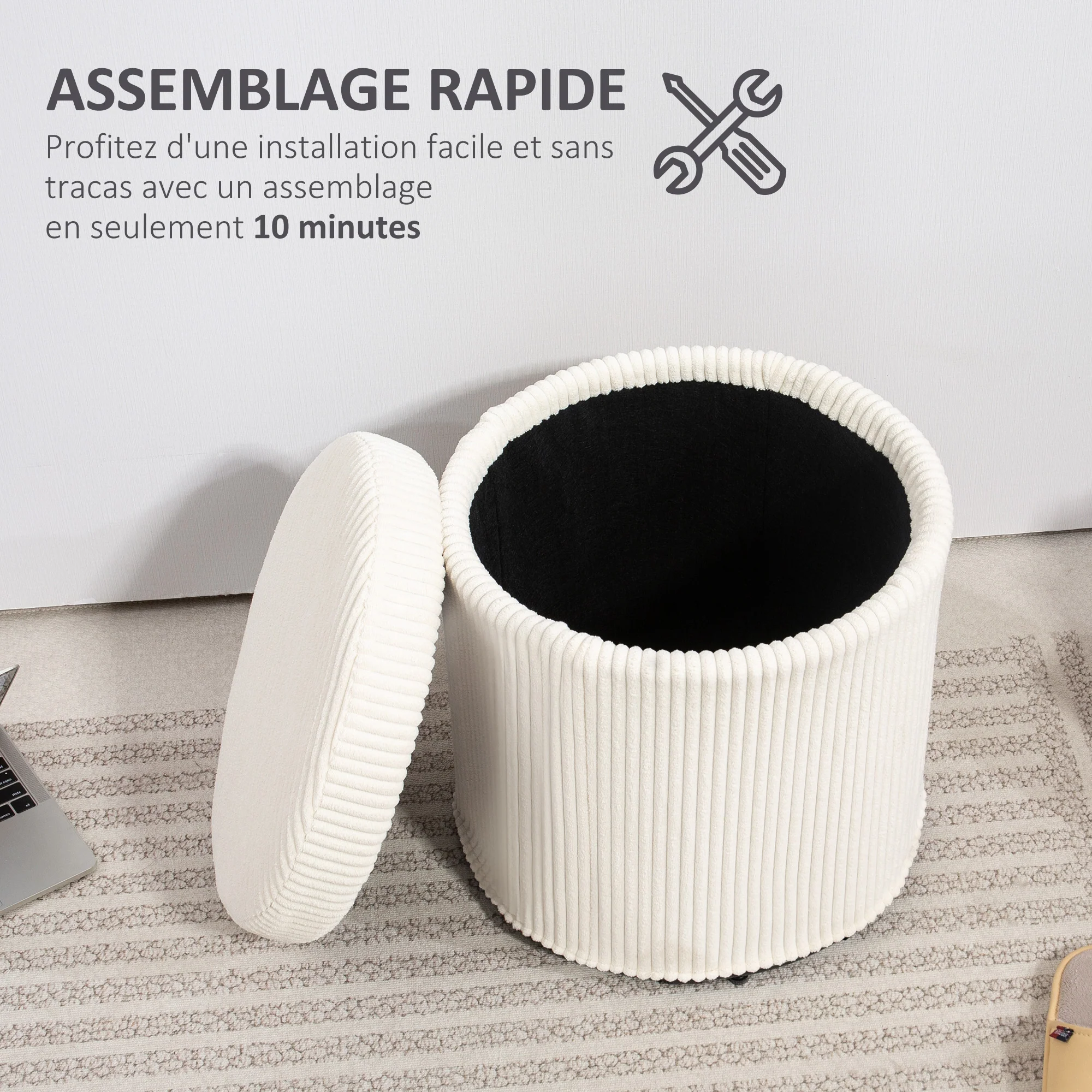 Pouf rangement 32 L pouf salon tabouret de coiffeuse en velours côtelé avec couvercle et pieds en acier, repose pied rond jusqu'à 120 kg, pour couloir, chambre, salon, beige - Image 8