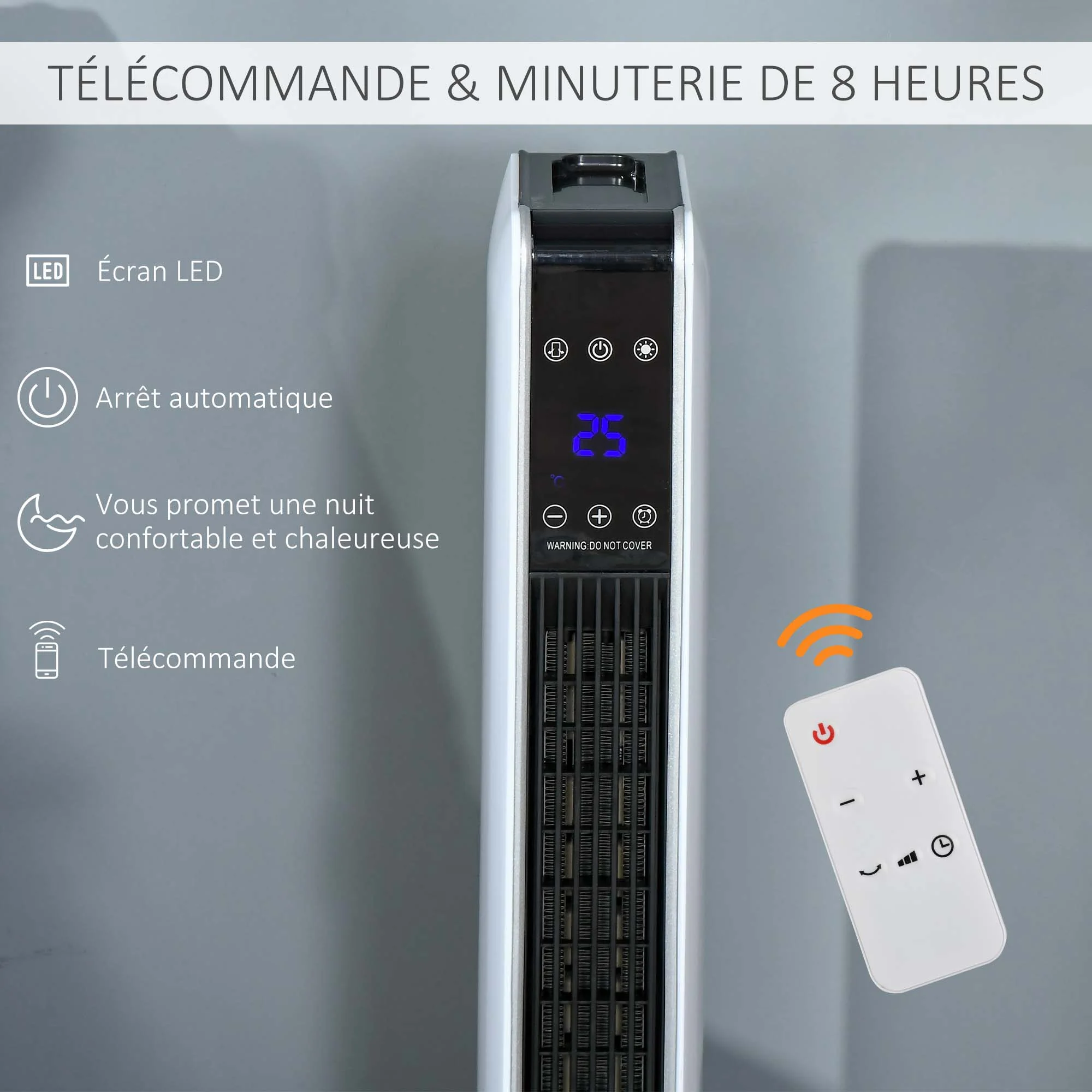 Radiateur électrique Chauffage soufflant oscillant 1100/2200 W, céramique PTC, télécommande incluse, chauffage d'appoint, minuterie 8h, 21 x 21 x 73 cm - Image 7