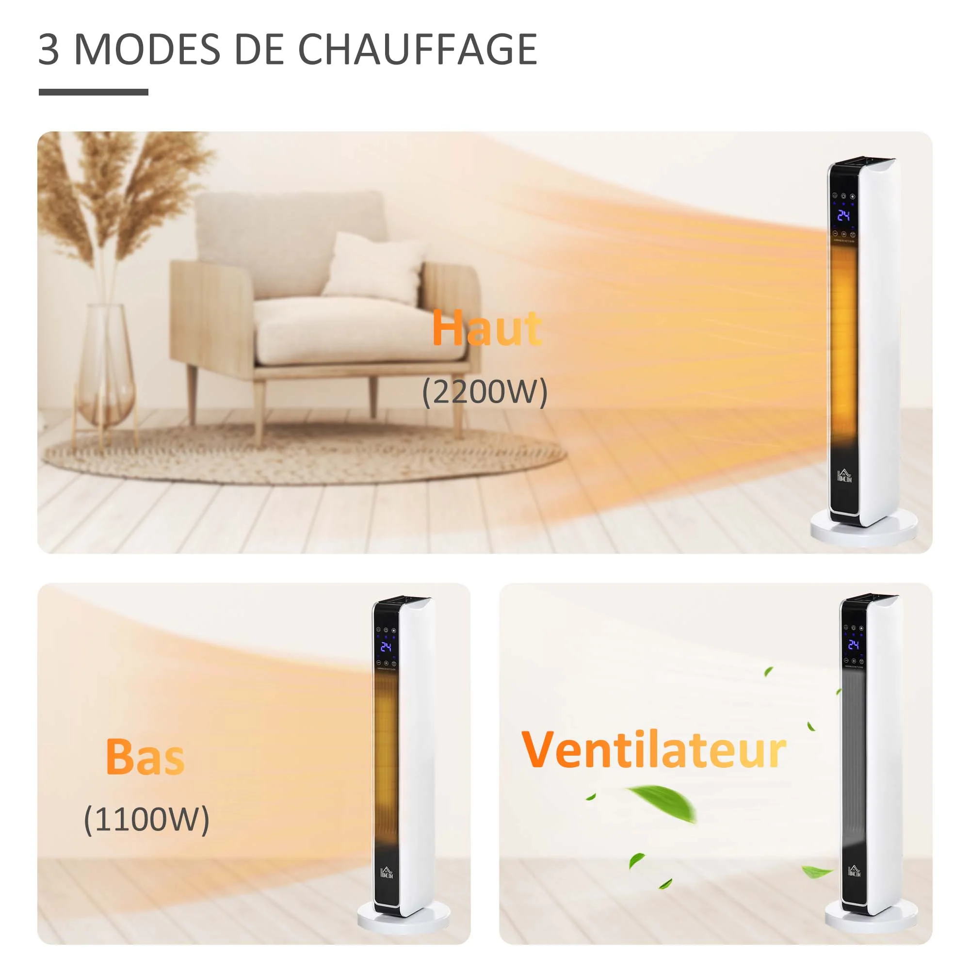 Radiateur électrique Chauffage soufflant oscillant 1100/2200 W, céramique PTC, télécommande incluse, chauffage d'appoint, minuterie 8h, 21 x 21 x 73 cm - Image 8