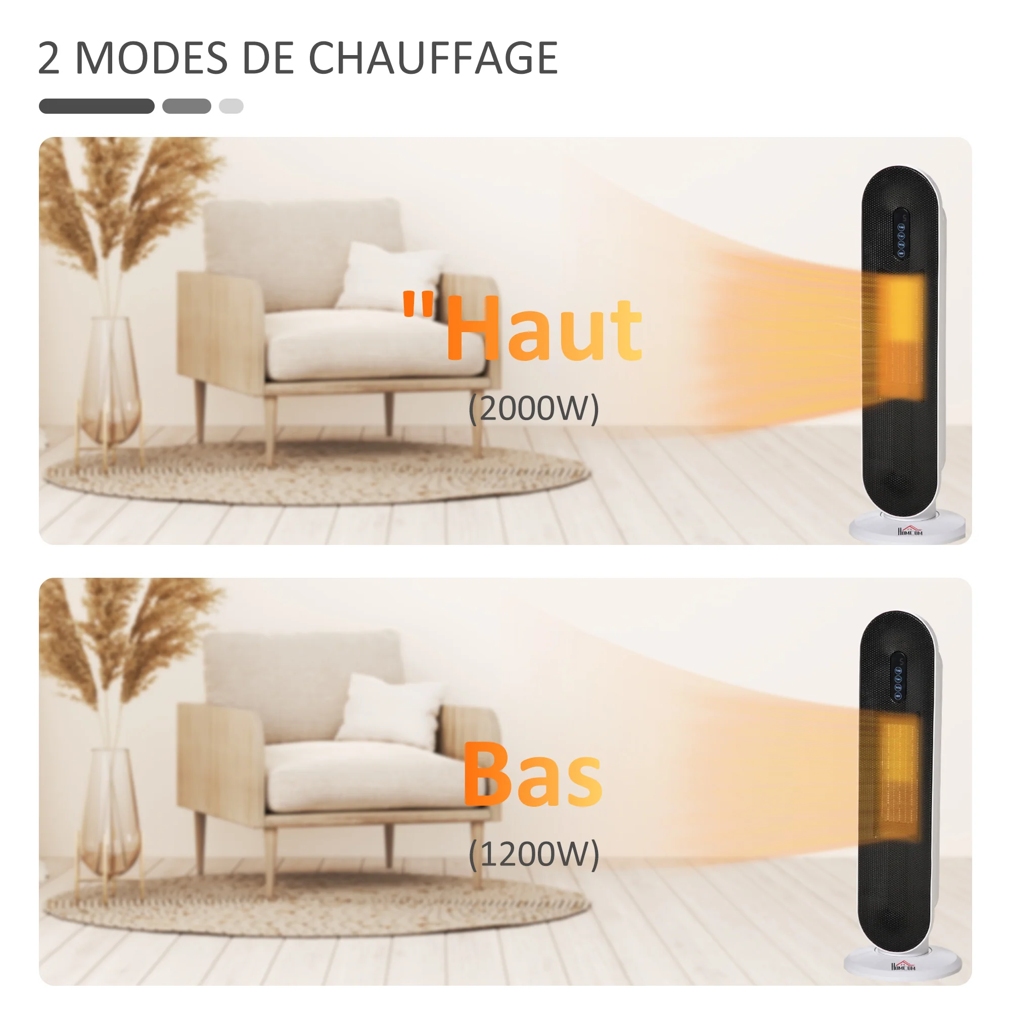 Radiateur électrique Chauffage soufflant oscillant 45° minuterie 24H 1200/2000 W - céramique PTC - télécommande incluse - chauffage d'appoint protection contre renversement et surchauffe noir - Image 10