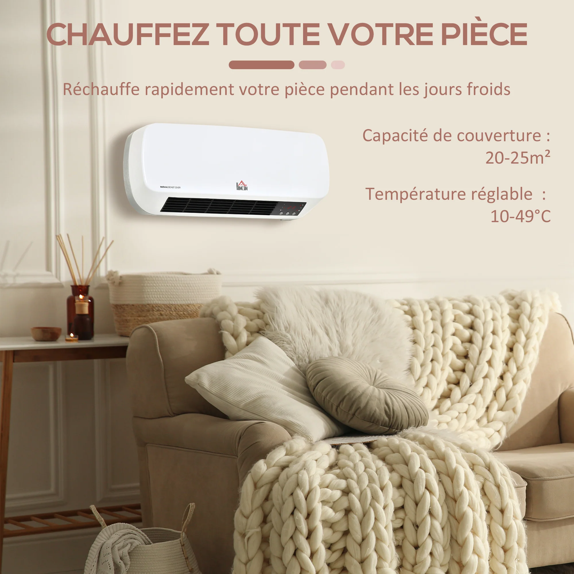 Radiateur mural soufflant 2000 W - chauffage céramique PTC - 3 niveaux de puissance - télécommande incluse blanc noir - Image 7