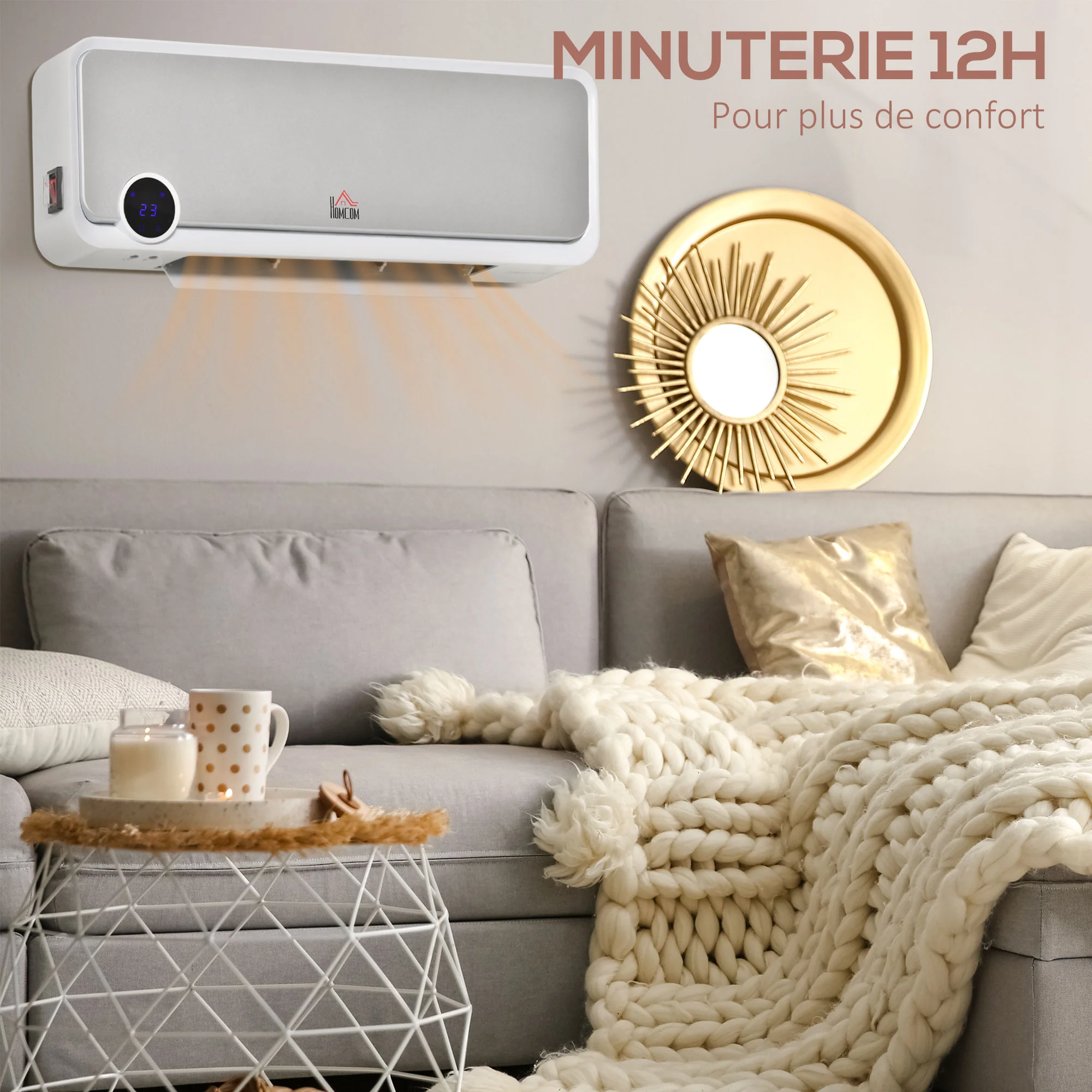 Radiateur mural soufflant oscillant 2000 W - chauffage céramique PTC - 3 niveaux de puissance - télécommande incluse blanc argenté - Image 5