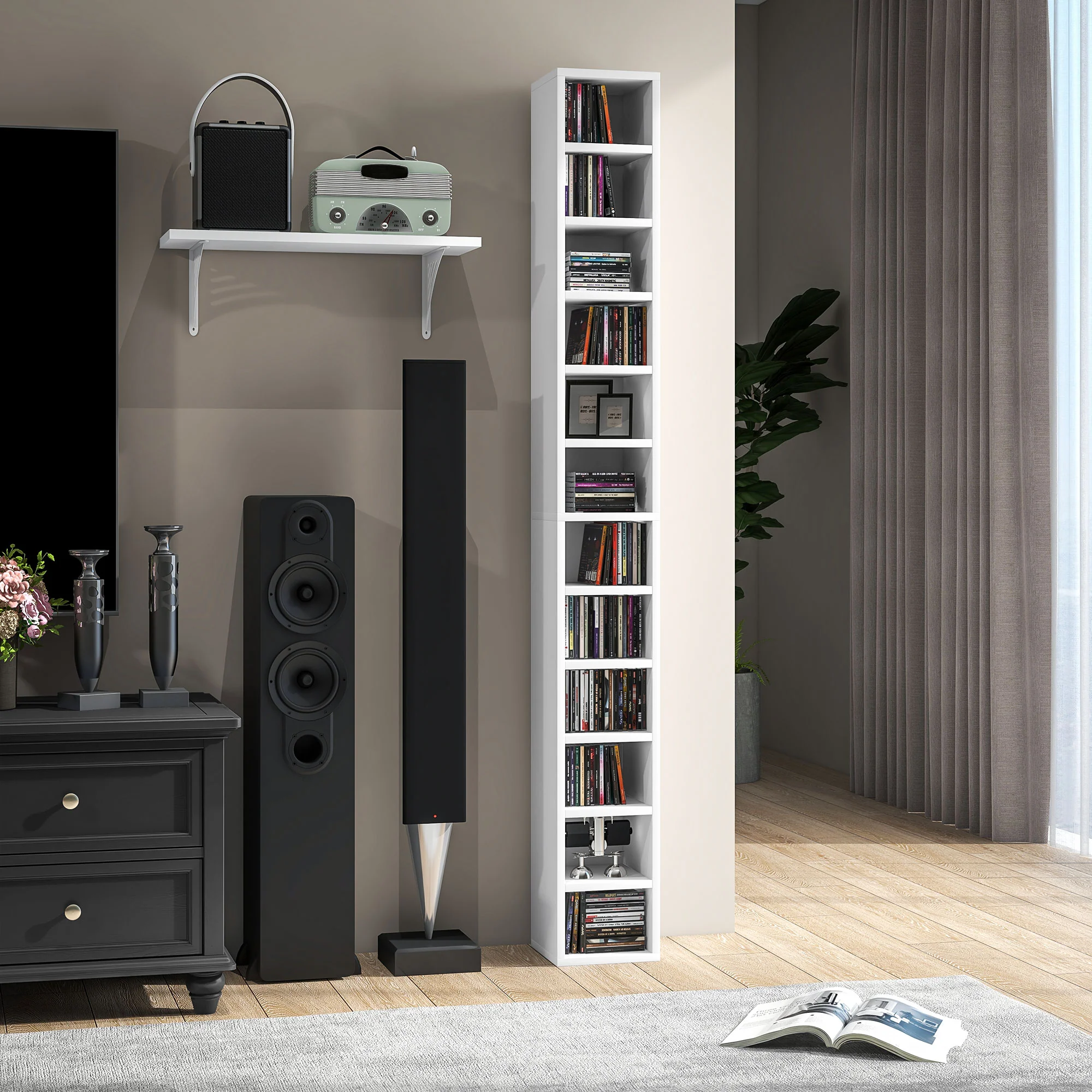 Rangements pour CD et DVD, étagère colonne de rangement, meuble de rangement avec 12 compartiments, capacité max. 204 CD, 21 x 20 x 175 cm, blanc - Image 3