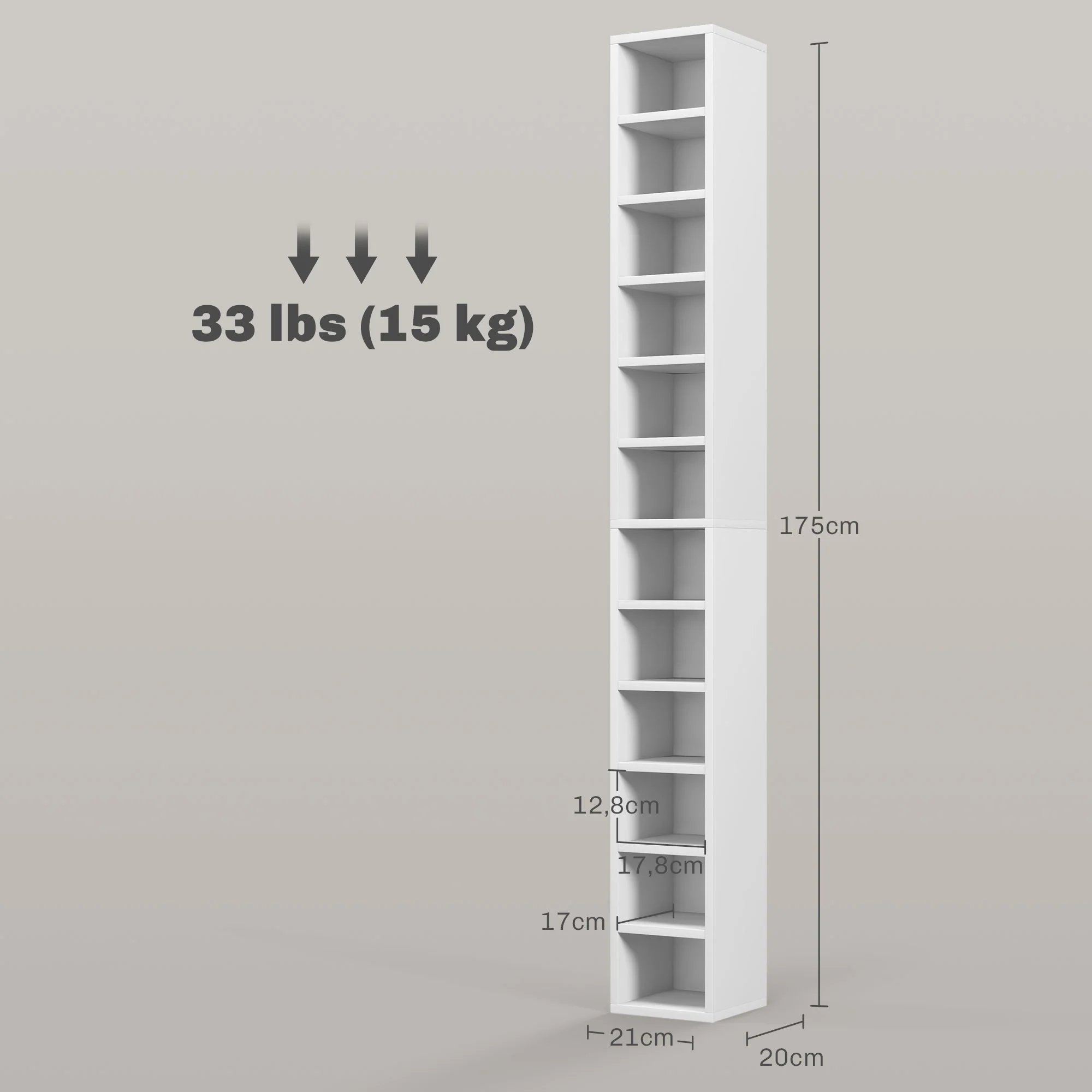 Rangements pour CD et DVD, étagère colonne de rangement, meuble de rangement avec 12 compartiments, capacité max. 204 CD, 21 x 20 x 175 cm, blanc - Image 4