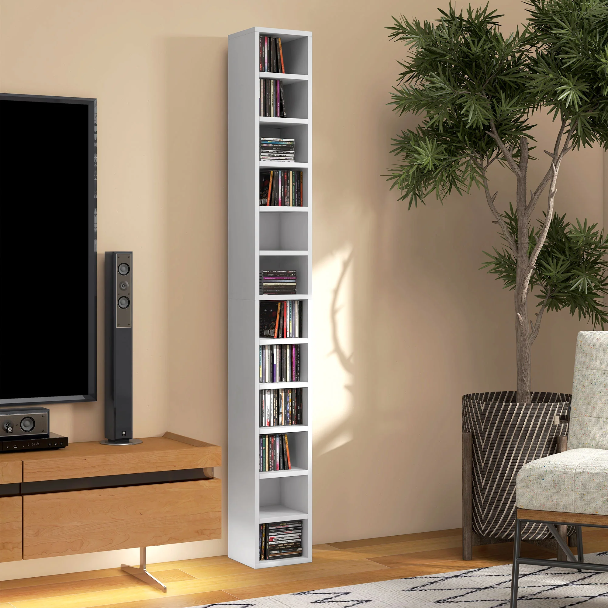 Rangements pour CD et DVD, étagère colonne de rangement, meuble de rangement avec 12 compartiments, capacité max. 204 CD, 21 x 20 x 175 cm, blanc - Image 9
