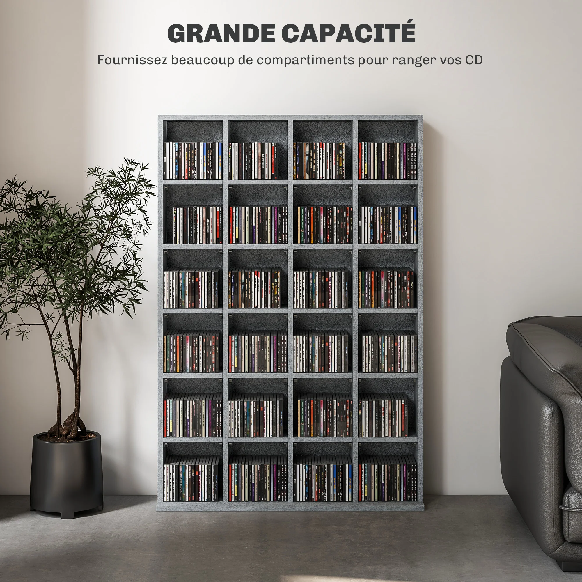 Rangements pour CD et DVD, meuble de rangement multimédia avec 24 compartiments, capacité max. 456 CD/ 336 DVD, bibliothèque en bois avec étagères réglables, 89 x 20 x 130,5 cm, gris - Image 5